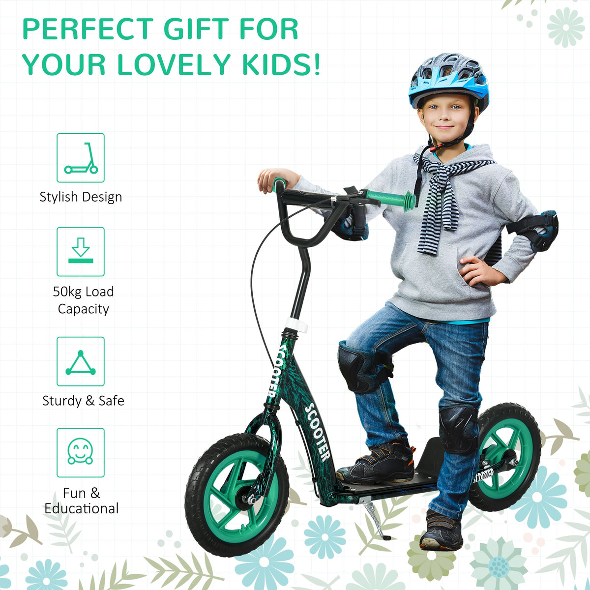 Kids Scooter with Adjustable Handlebar, Kids Kick Scooter with Non-slip Footplate, Rear Brake, 12" EVA Wheels, Green