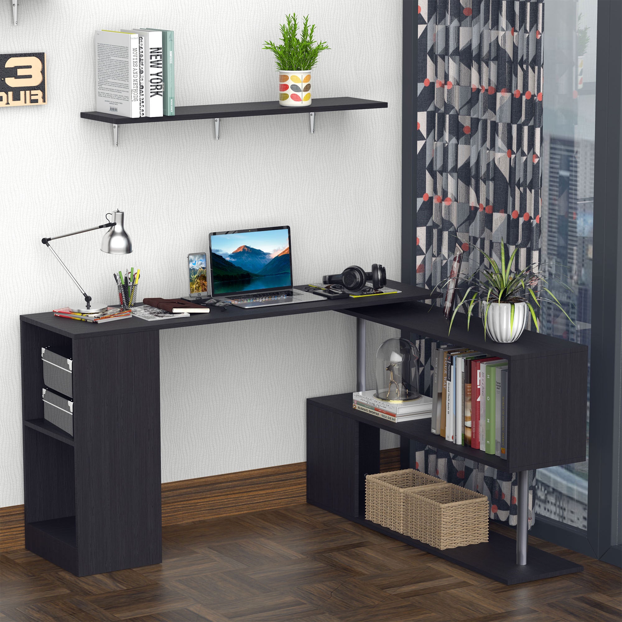 55" 360° Rotating Corner Computer Desk Modern L-Shaped Home Office Workstation with 3-Tier Storage Shelves, Bookshelf, Black