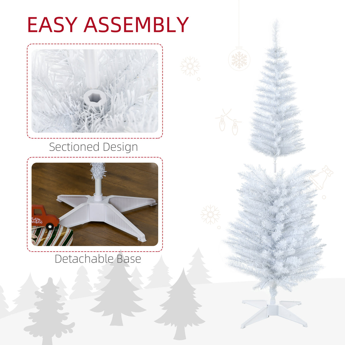 5ft Pencil Christmas Tree, Slim Artificial Christmas Tree with Realistic Branches and Warm White LED Lights, White