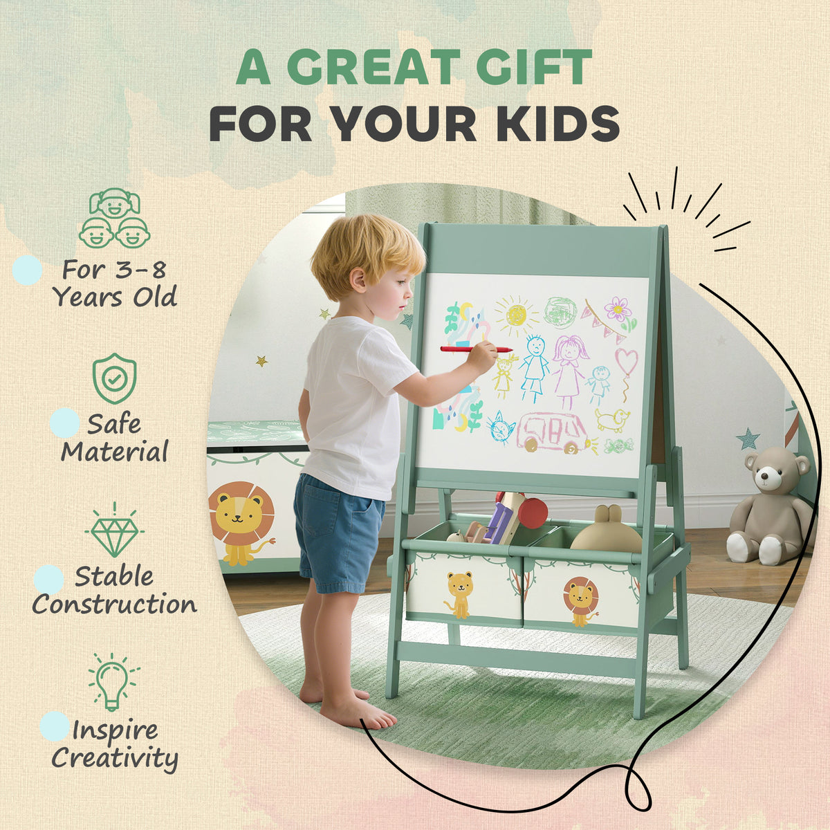 Qaba Art Easel for Kids, Double-Sided Whiteboard & Chalkboard with Paper Roll, Storage Baskets for Toddlers Ages 3-8, Green