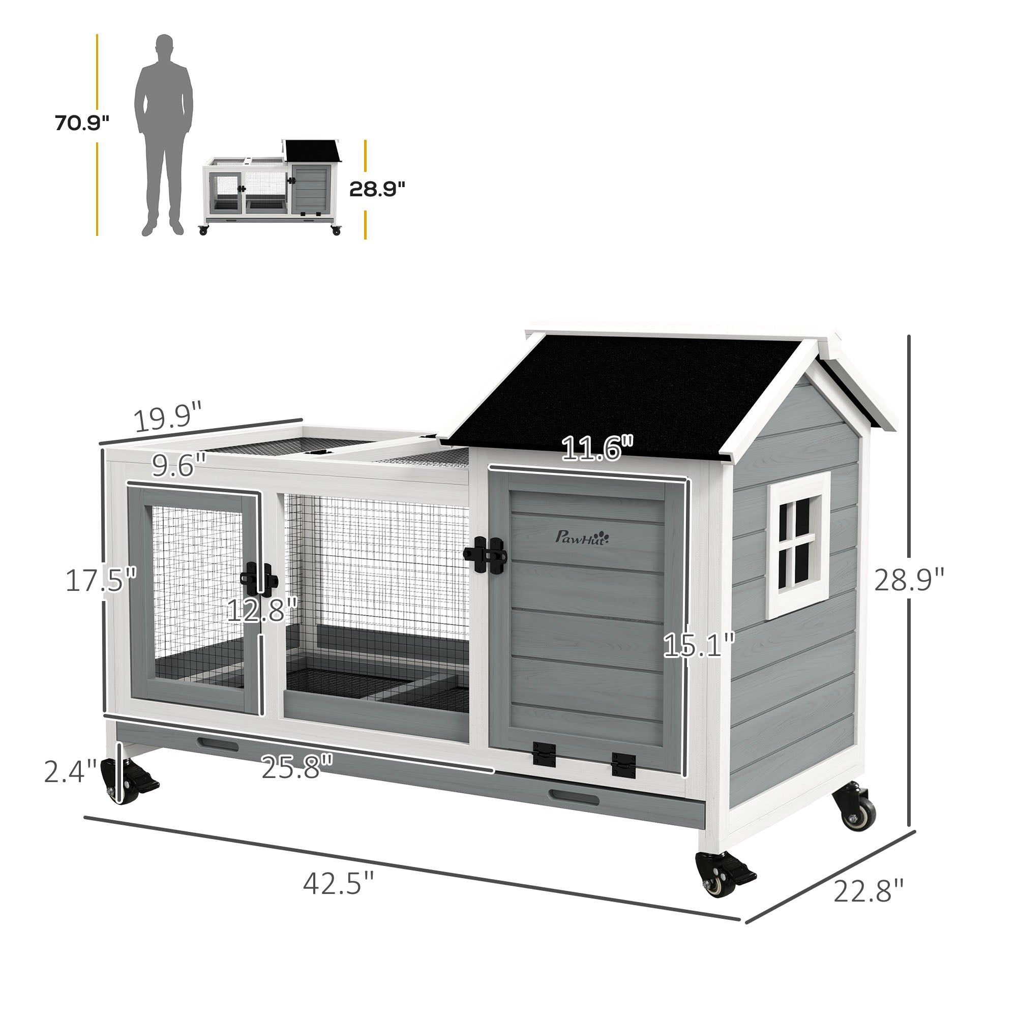 Wooden Rabbit Hutch with Wheels, Run, Slide-out Tray for Small Animals, Guinea Pig, Blue - Gray - Image 3