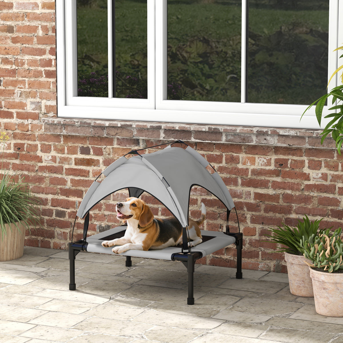 Elevated Dog Bed with Canopy, Raised Outdoor Pet Bed for Camping with Washable Breathable Mesh, 30" x 24" x 27"