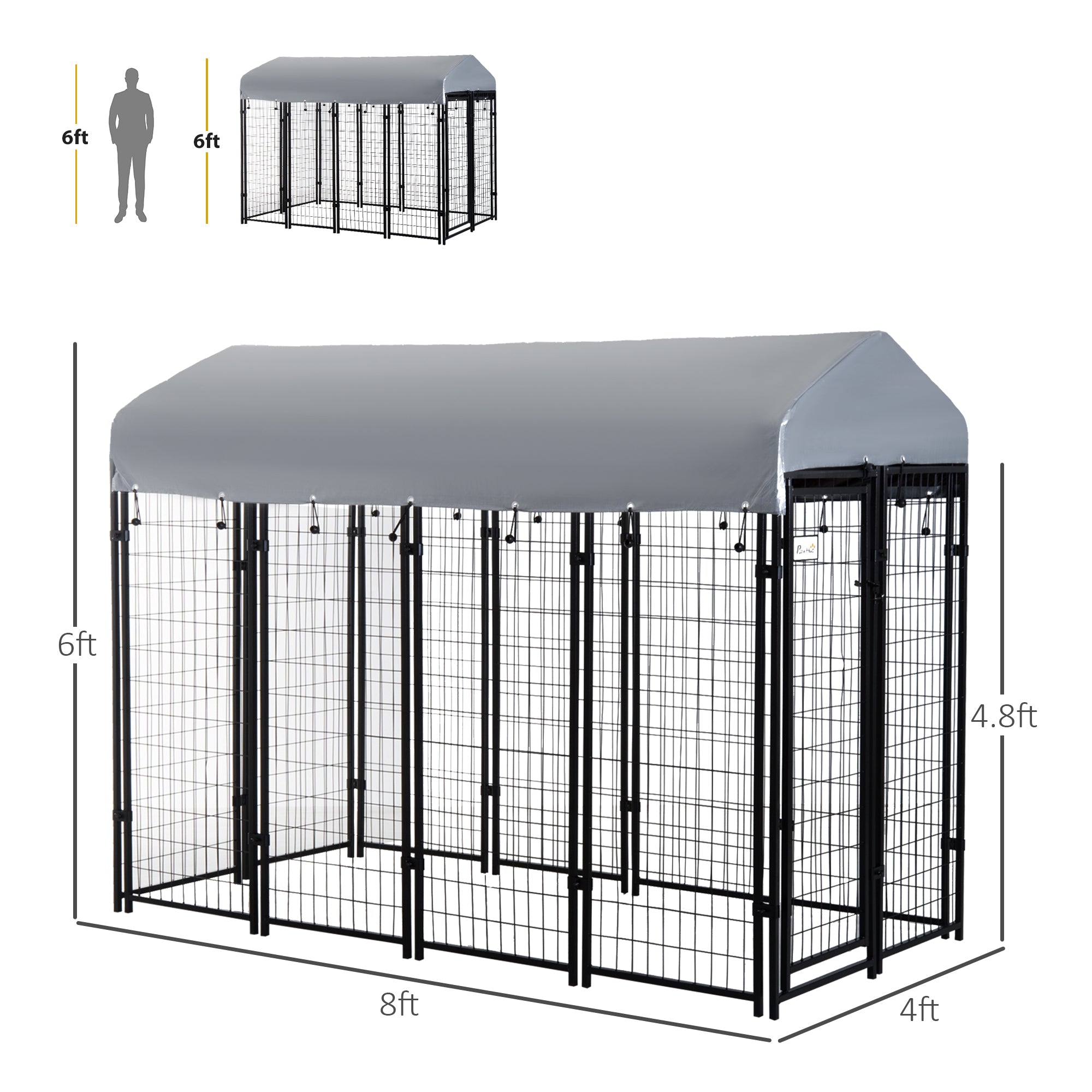 Outdoor Dog Kennel with Roof, 8' x 4' x 6' Heavy Duty Welded Wire Dog Playpen Enclosure with Escape-proof Lock, UV-Resistant & Waterproof Cover, for Large Dogs, Silver - Silver - Image 3