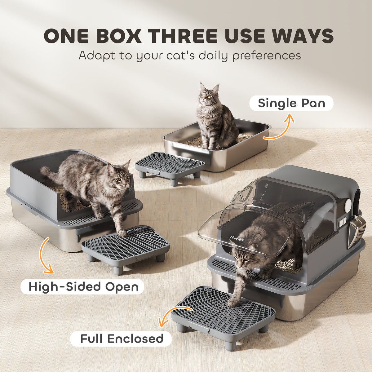 Stainless Steel Cat Litter Box with Flip Lid, XXL Enclosed Litter Box, High Sided, Step, Metal Scoop, 2 Deodorizing Bags
