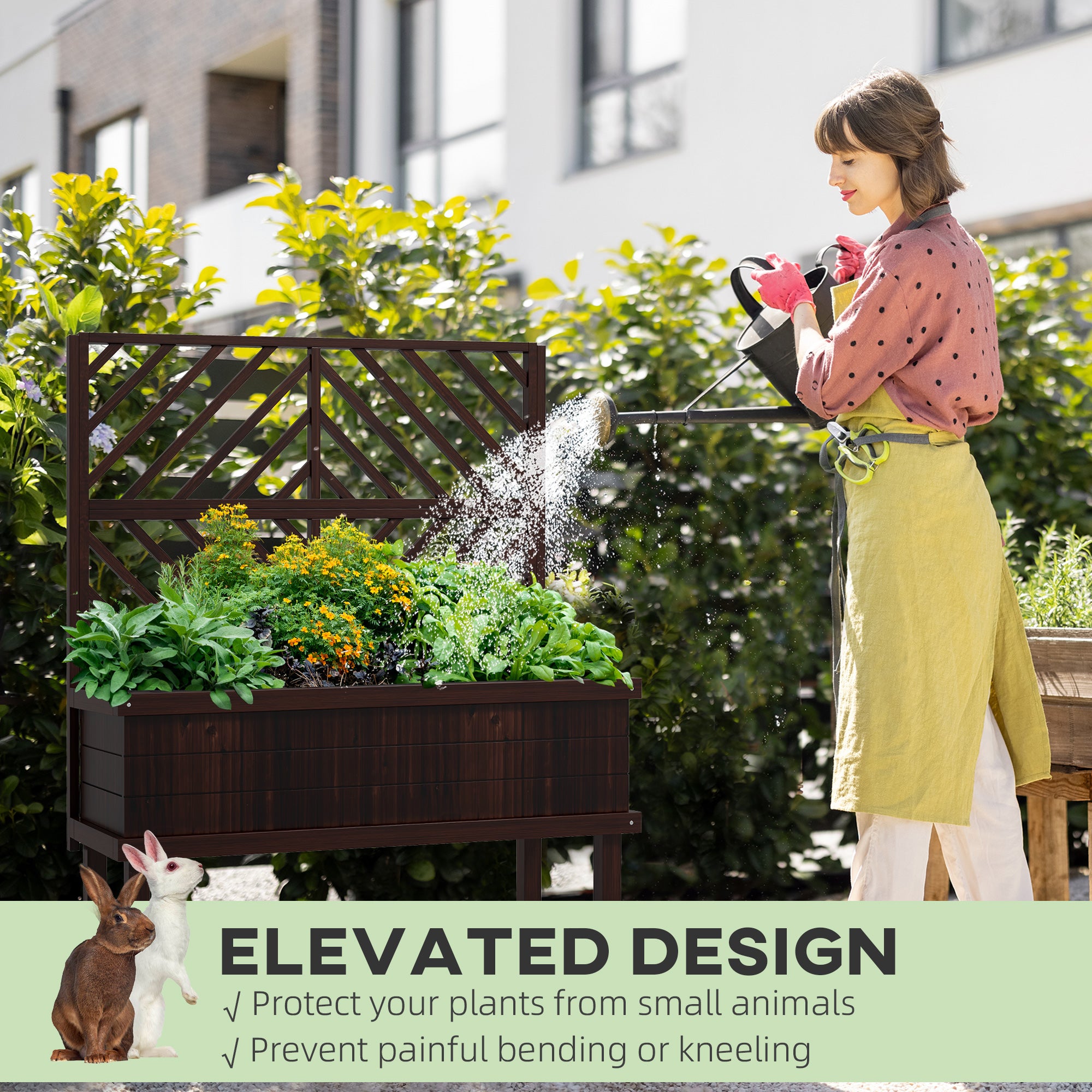 Elevated Wood Planter with Trellis for Climbing Plants, Raised Garden Bed with Legs and Drainage Holes, Carbonized - Carbonized - Image 7