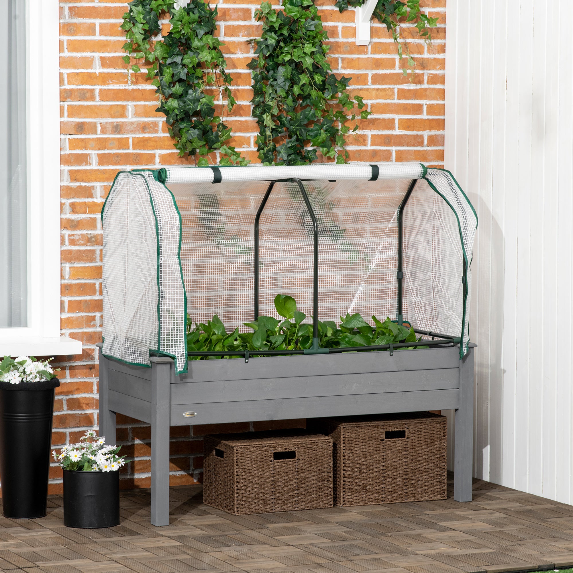 Raised Garden Bed with PE Greenhouse Cover Outdoor Planter Box for Herbs and Vegetables, 48 x 22 x 46 inch, Dark Gray - Dark Gray - Image 2
