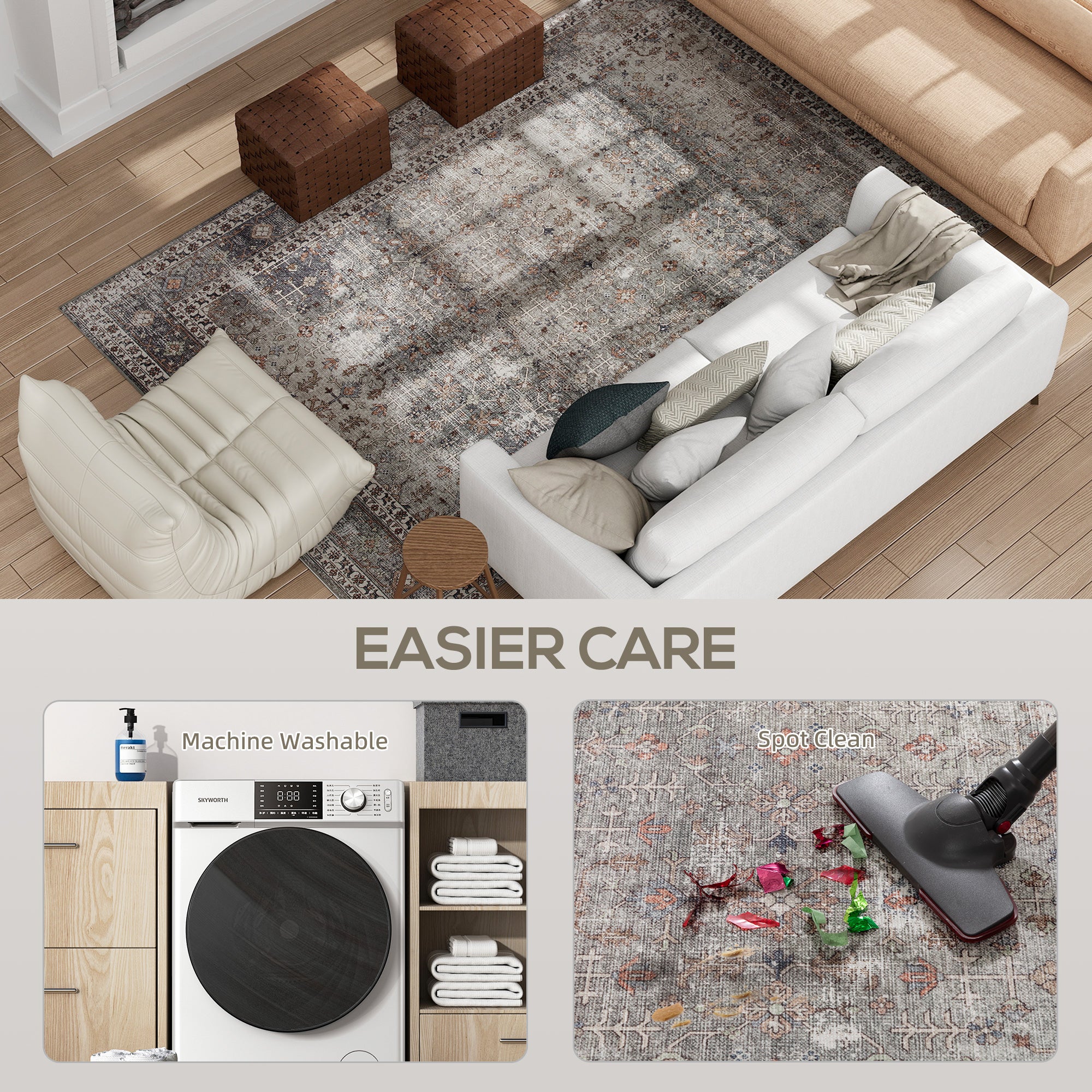Machine Washable Area Rug 8x10, Non-Slip Traditional Floor Cover Foldable Carpet for Living Room, Dark Mixed-Brown