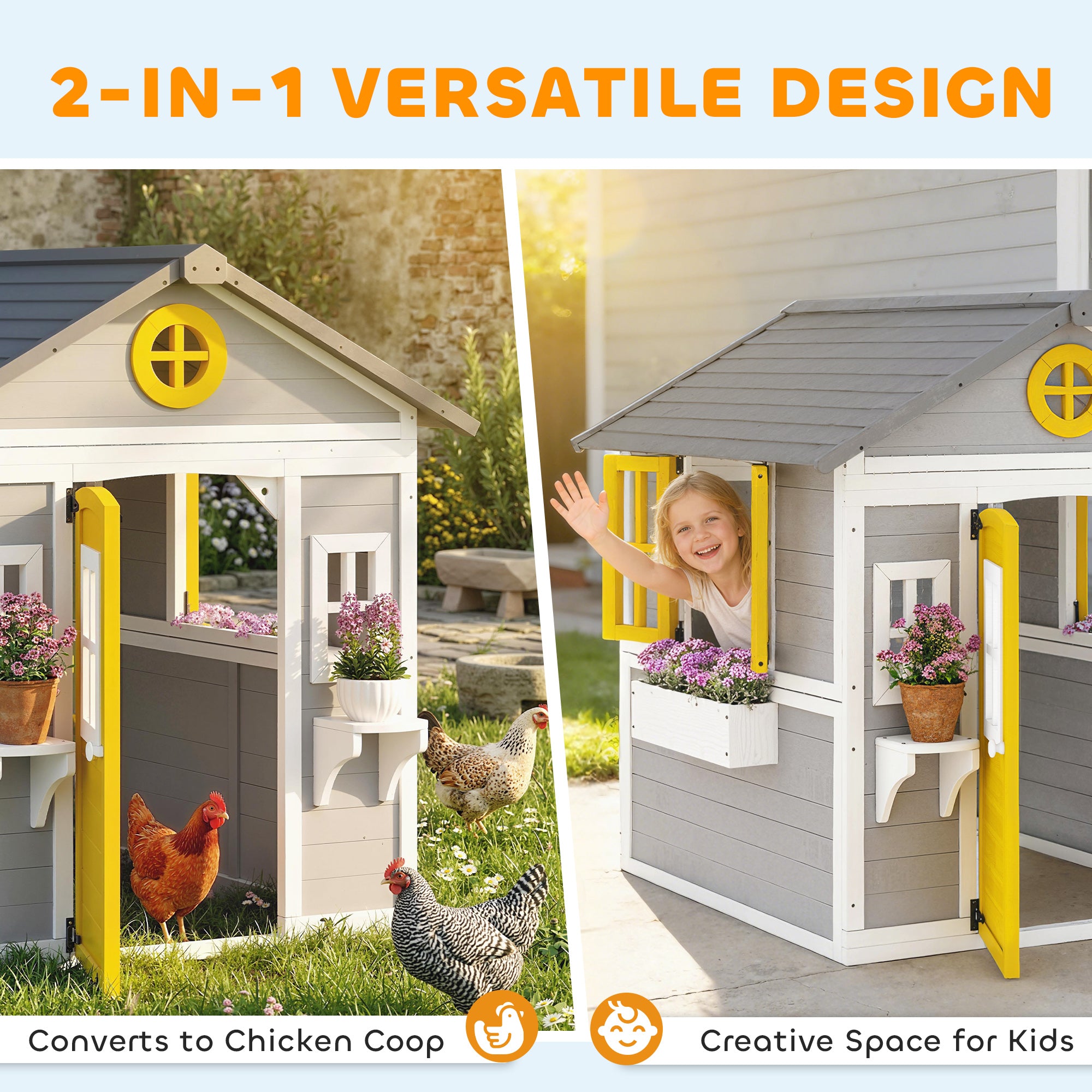 Wooden Playhouse for Kids Outdoor with Doors, Windows, Planter Pots and Boxes for Toddlers 3-8 Years, Gray