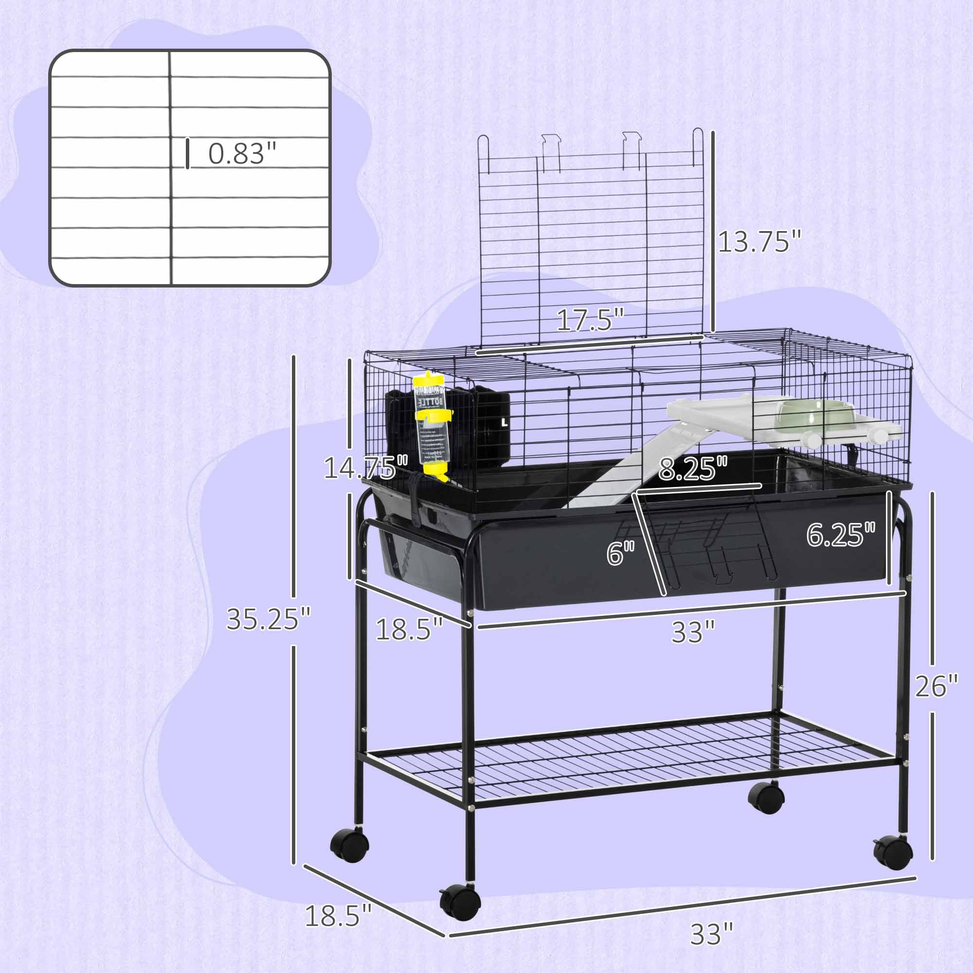 Two-Story Small Animal Cage Removable from Stand, Pet Habitat with Shelf & Wheels, 33" x 18.5" x 35", Charcoal Gray - Gray - Image 3