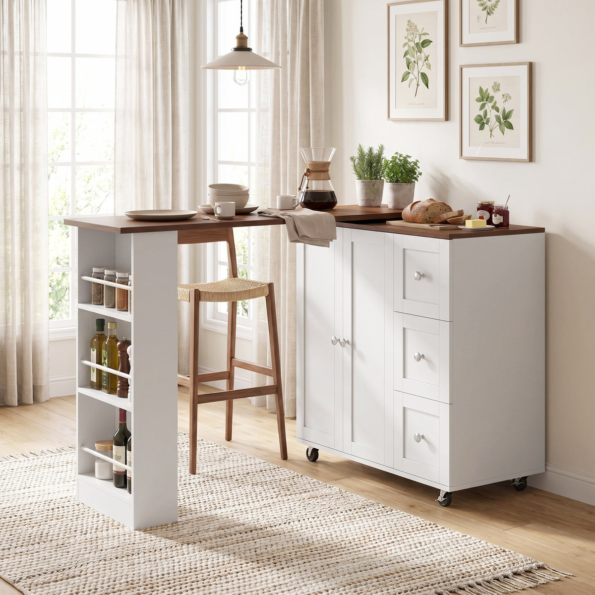 Bar Table with Storage Counter Height Table 3 Drawers Side Shelves, Walnut and White