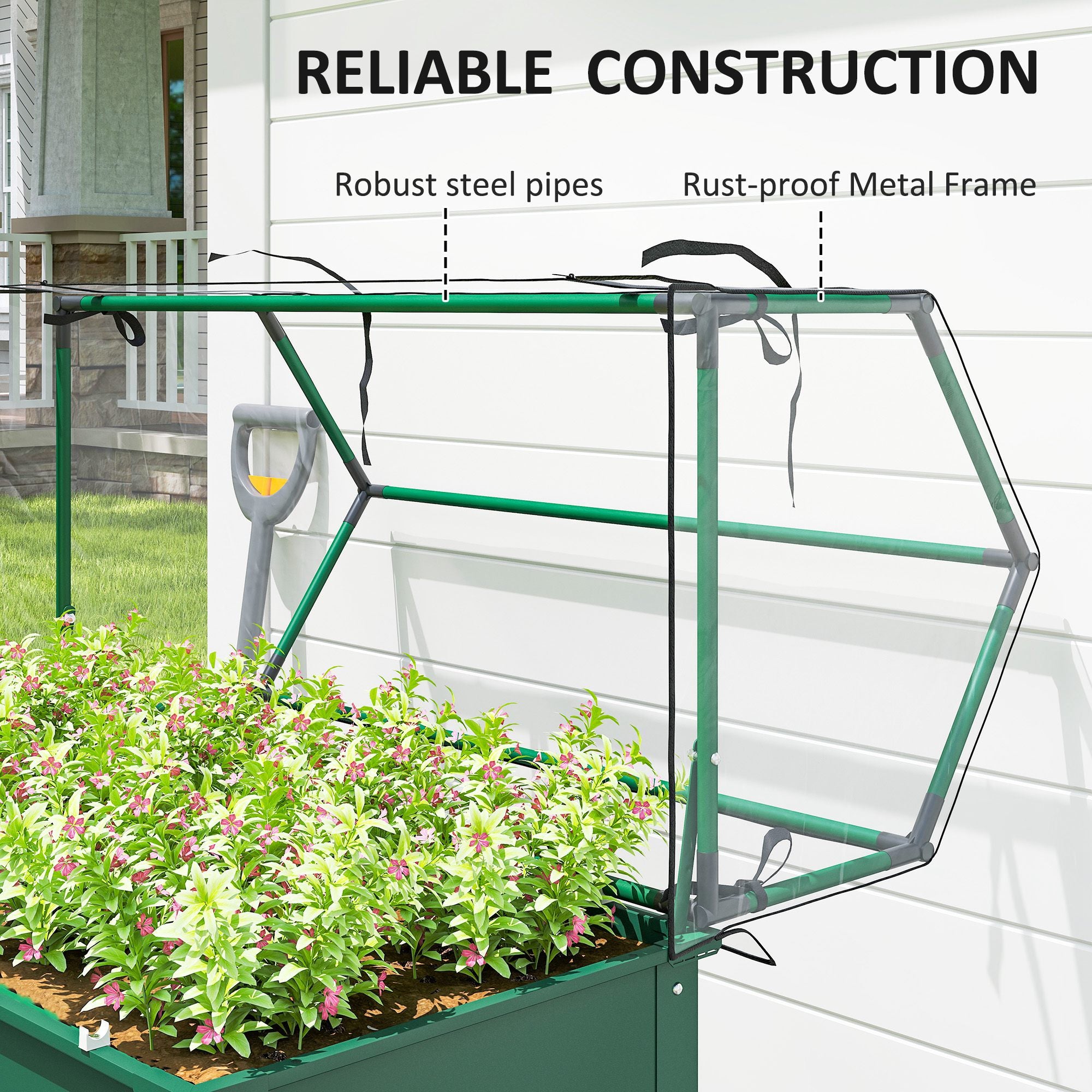 Elevated Garden Box with Greenhouse Cover, Raised Garden Bed with Legs and Drainage Hole for Vegetables, Green - Green - Image 7