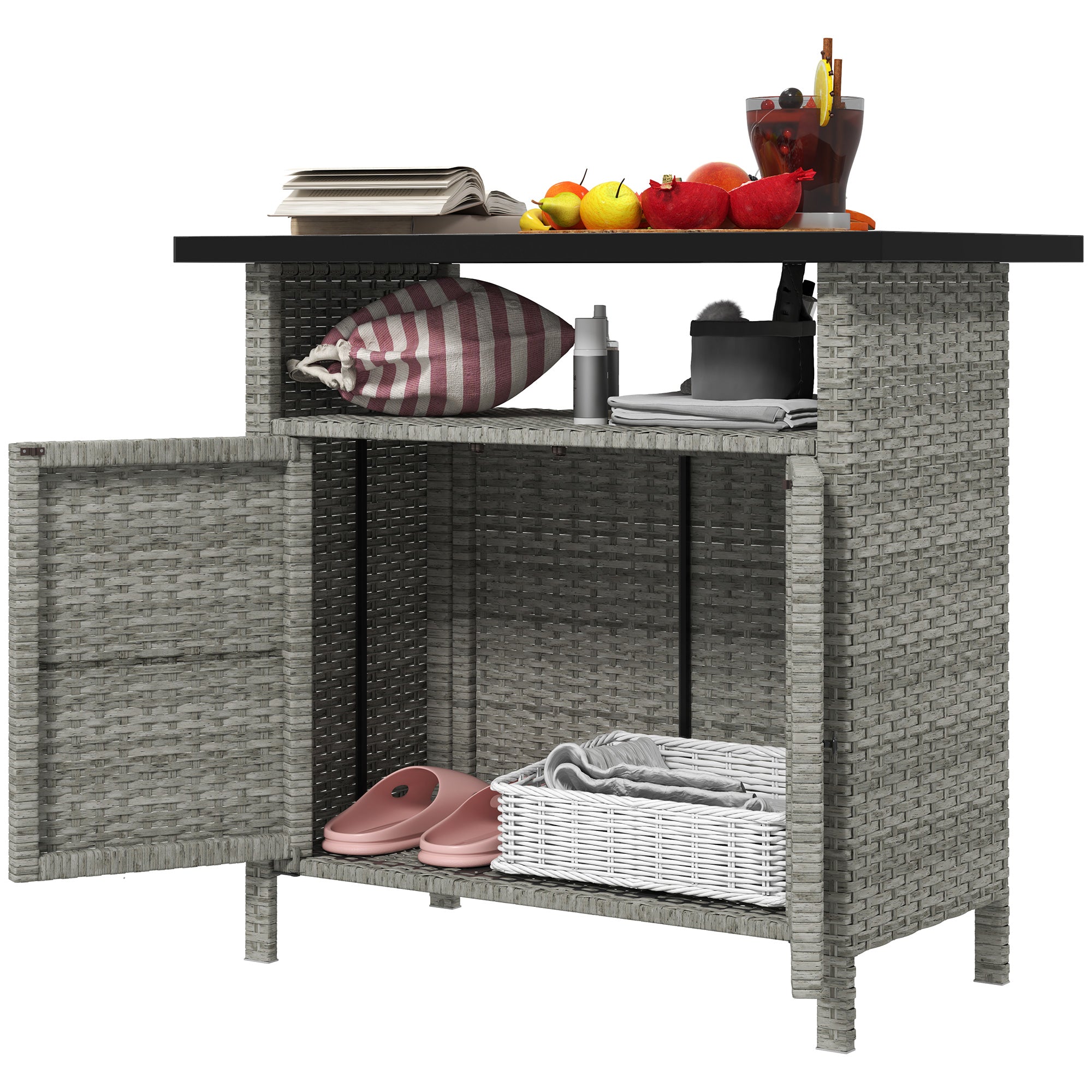 Wicker Outdoor Storage Cabinet with Two Doors and Shelf for Outdoor Pool Towel Storage, Gray - Gray