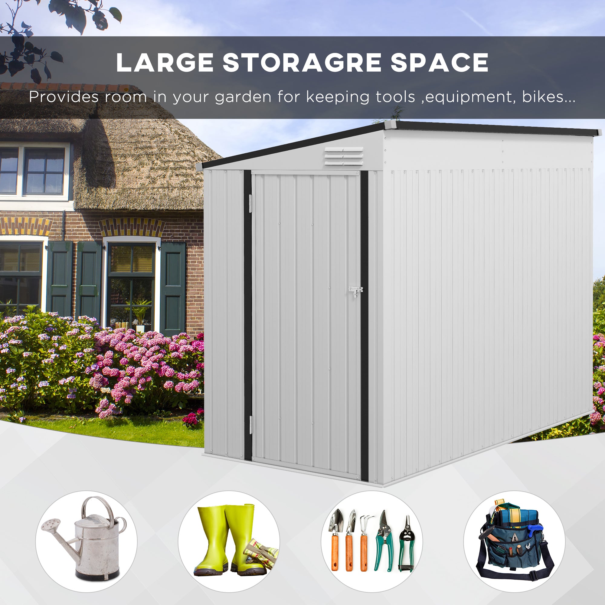 4' x 7.7' Lean to Garden Storage Shed, Outdoor Metal Tool House with Lockable Door Vents for Backyard Patio Lawn, White - White - Image 5
