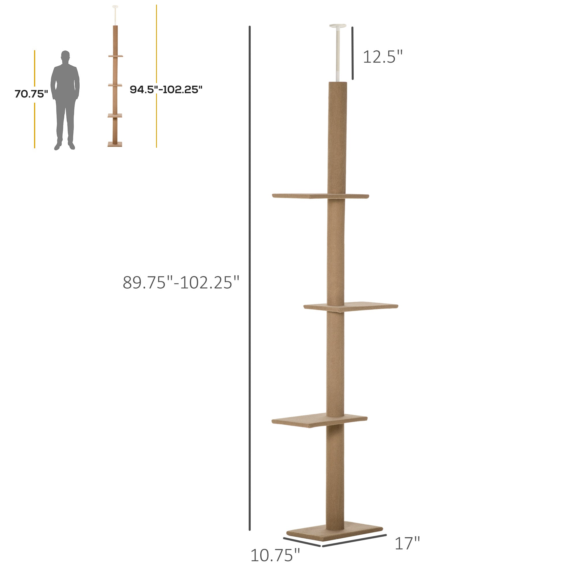 Floor-to-Ceiling Cat Tree Cat Climbing Tower with Sisal-Covered Scratching Posts Natural Cat Tree Activity Center for Kittens Cat Tower Furniture, Brown - Brown - Image 3