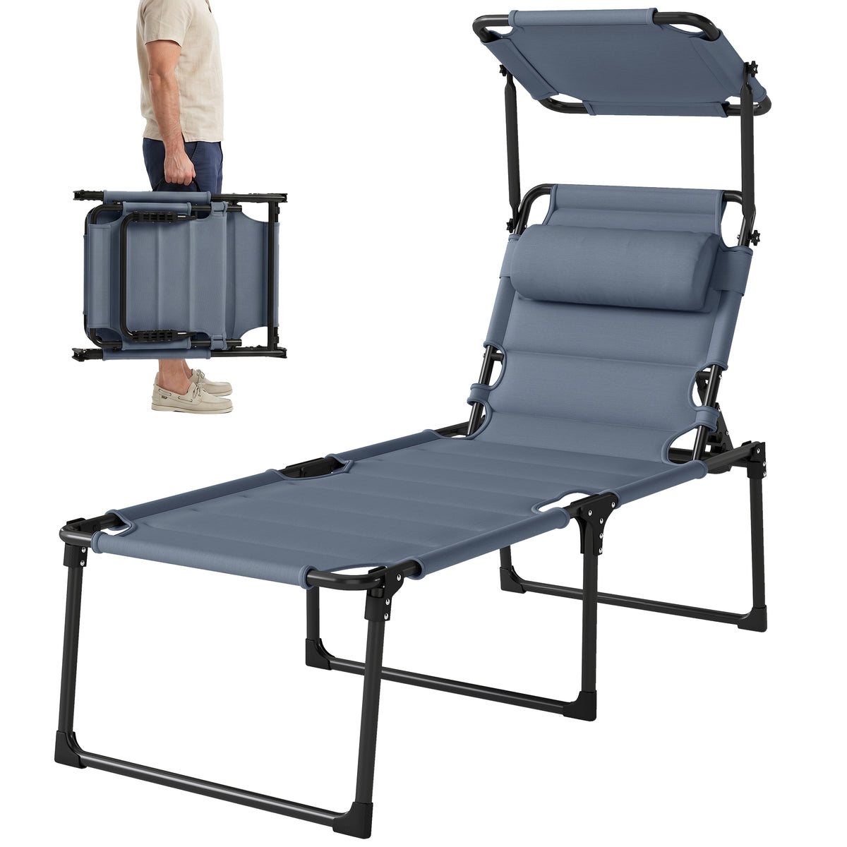 Outdoor Lounge Chair, 4 Position Adjustable Backrest, Folding, Cushioned w/ Sun Shade Roof & Pillow, Gray