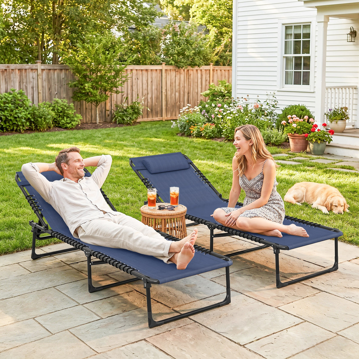 2 Folding Chaise Lounge Pool Chairs with 4-Position Reclining Back, Pillow, Breathable Mesh & Bungee Seat, Dark Blue