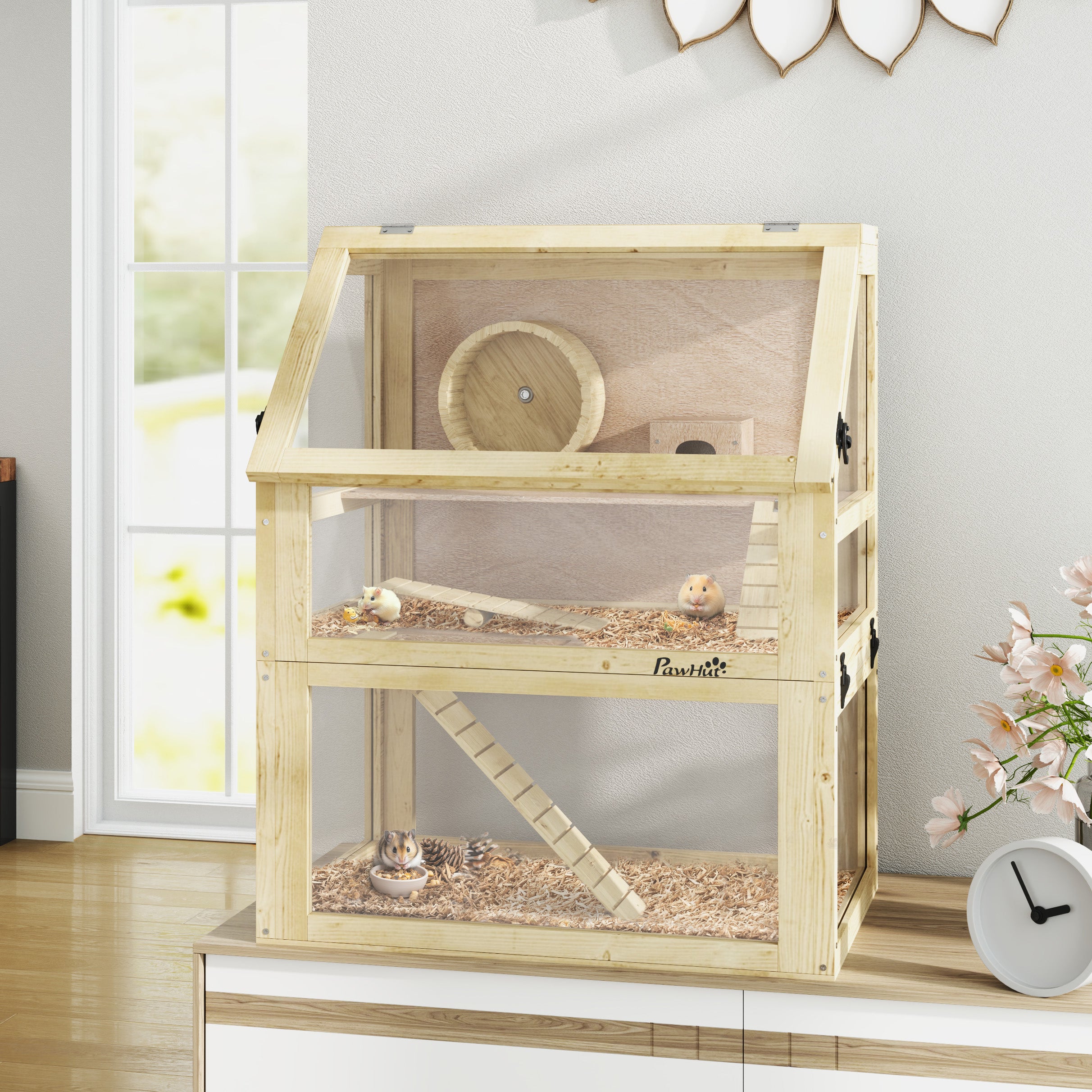 3 Tier Wooden Hamster Cage w/ Detachable Bottom, Hut, Seesaw, Exercise Wheel, Ramps, 24" x 16" x 29.5" - Natural Wood - Image 2