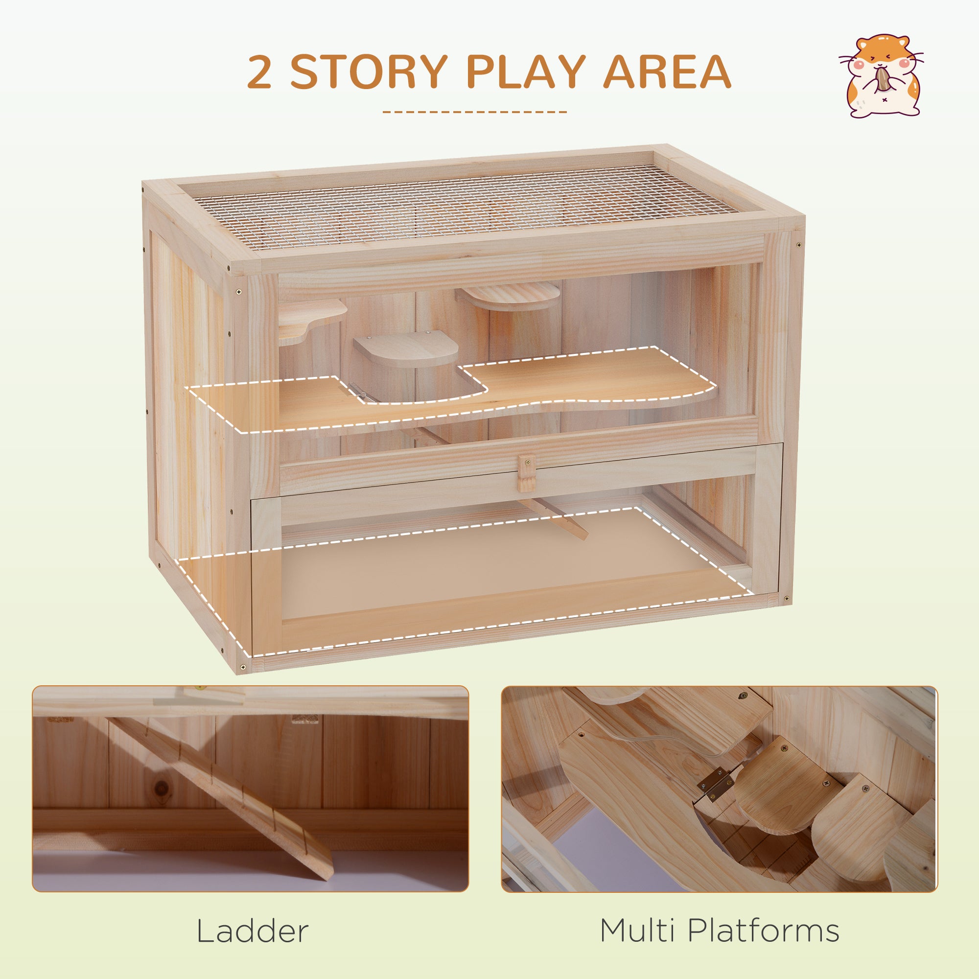 2-Level Hamster Cage Mice and Rat House, Small Animal Habitat for Guinea Pigs, Chinchillas with Openable Top, Front Door, Shelf and Ladder, Natural - Nature wood - Image 4