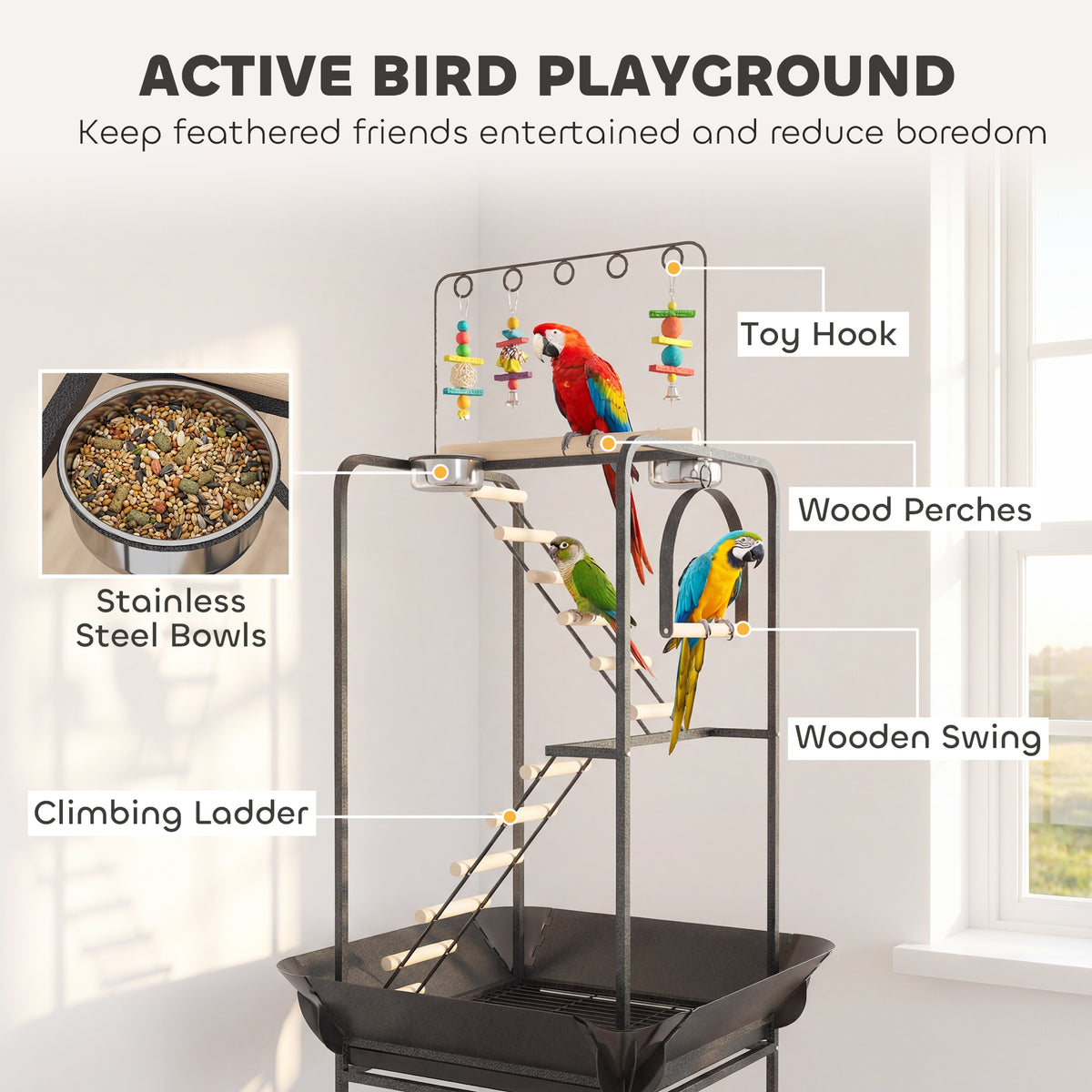 64"H Rolling Bird Playground Parrot Stand with Seed Guard & Wheels, Ladders, Swing, Toy Hook & Bowls