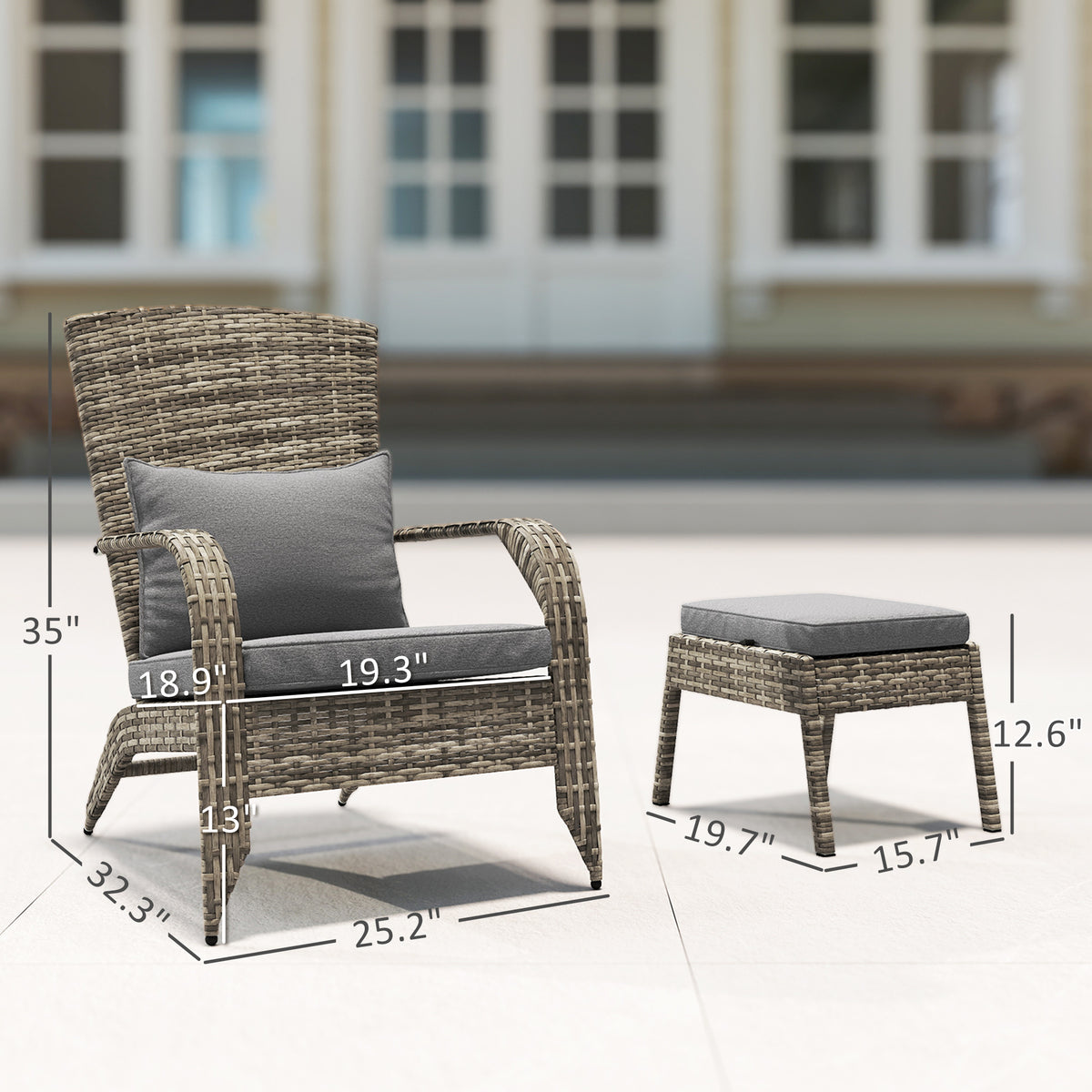 Wicker Adirondack Chair Fire Pit Chair w/ Ottoman & Cushions, Gray