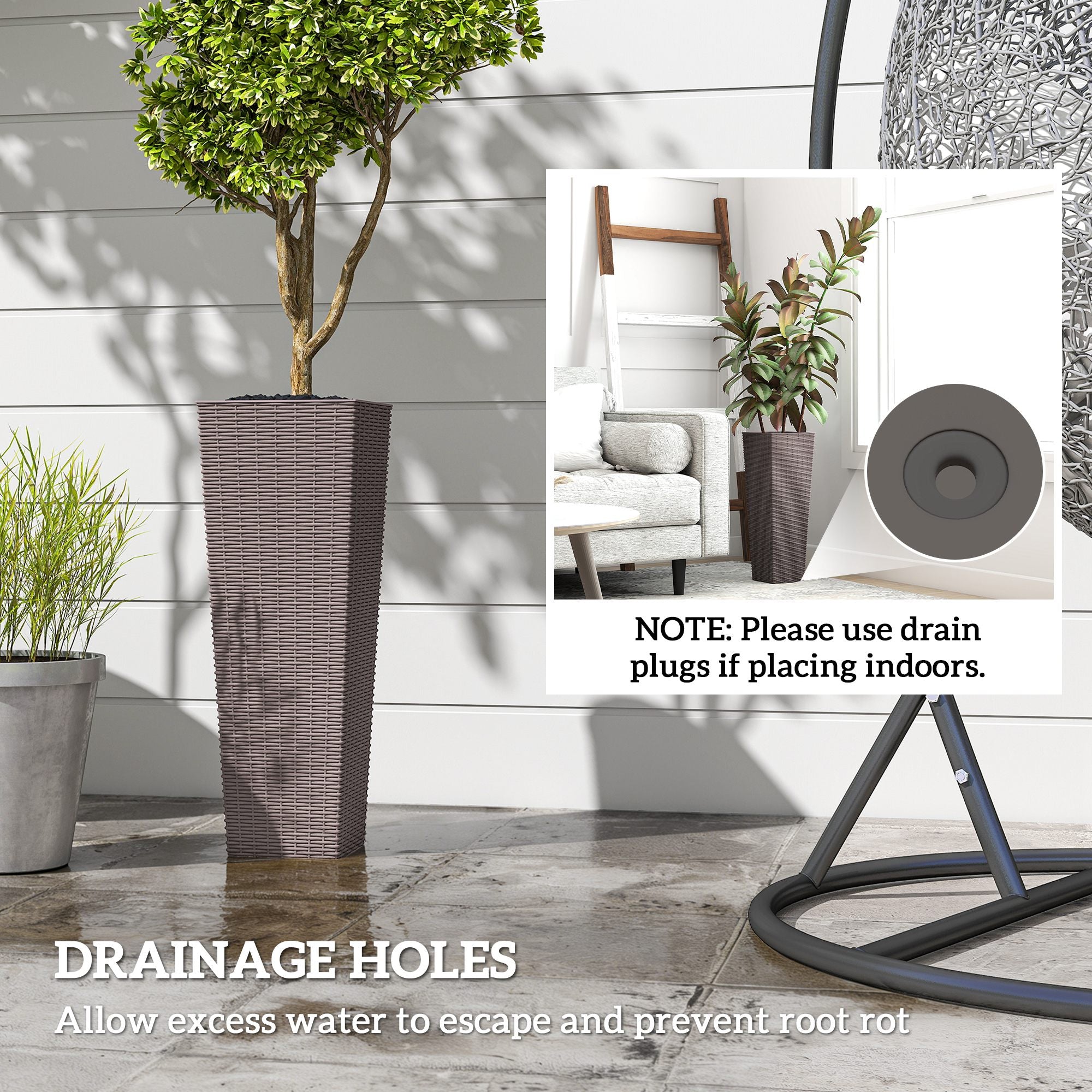 23.6 Inch Tall Planters for Outdoor Plants, Set of 2 Plastic Flower Pots with Drainage Holes, Brown - Brown - Image 6