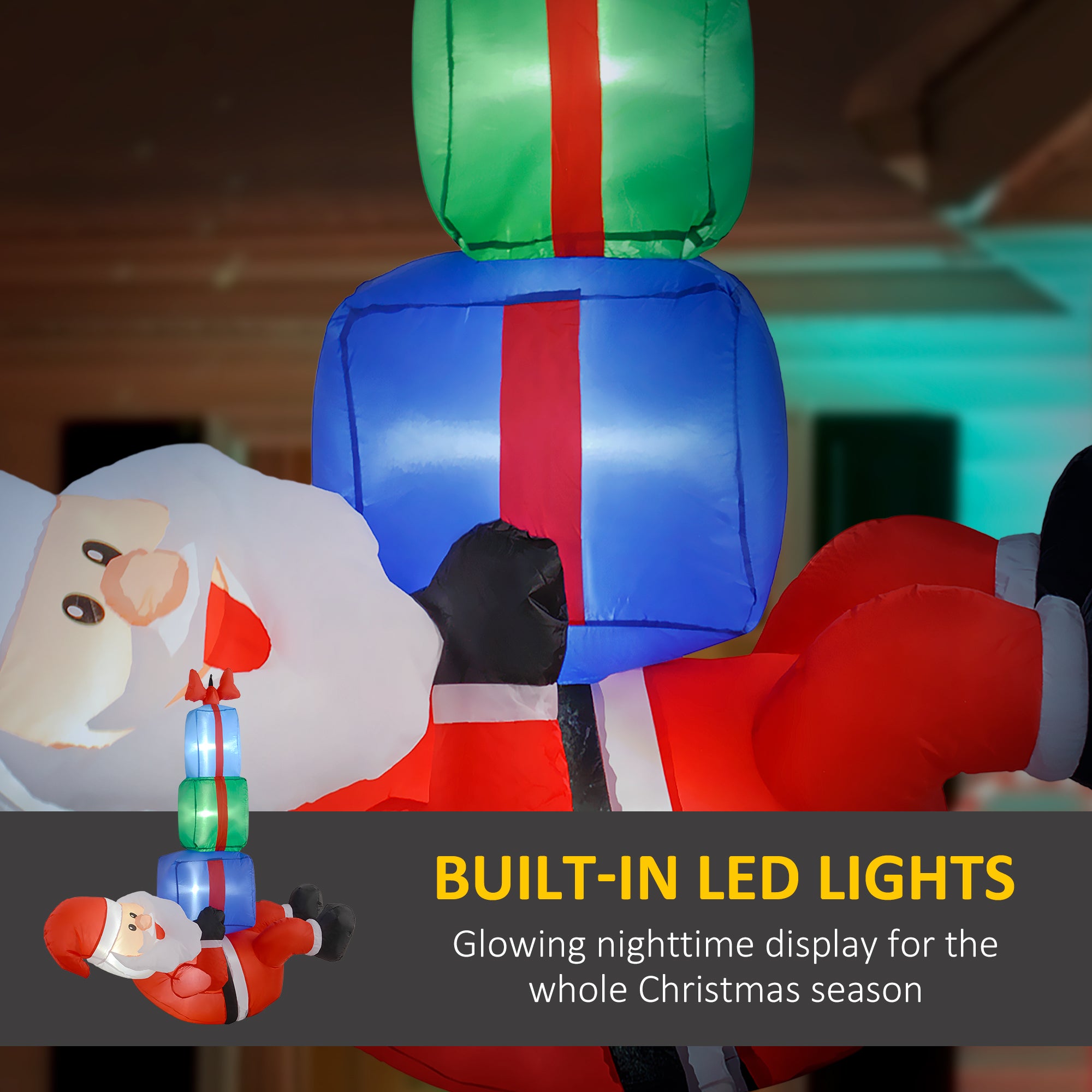 4.6' Inflatable Santa Hanging Under Three Gift Boxes w/ LED Lights, Blow-Up Outdoor Hanging Display for Party