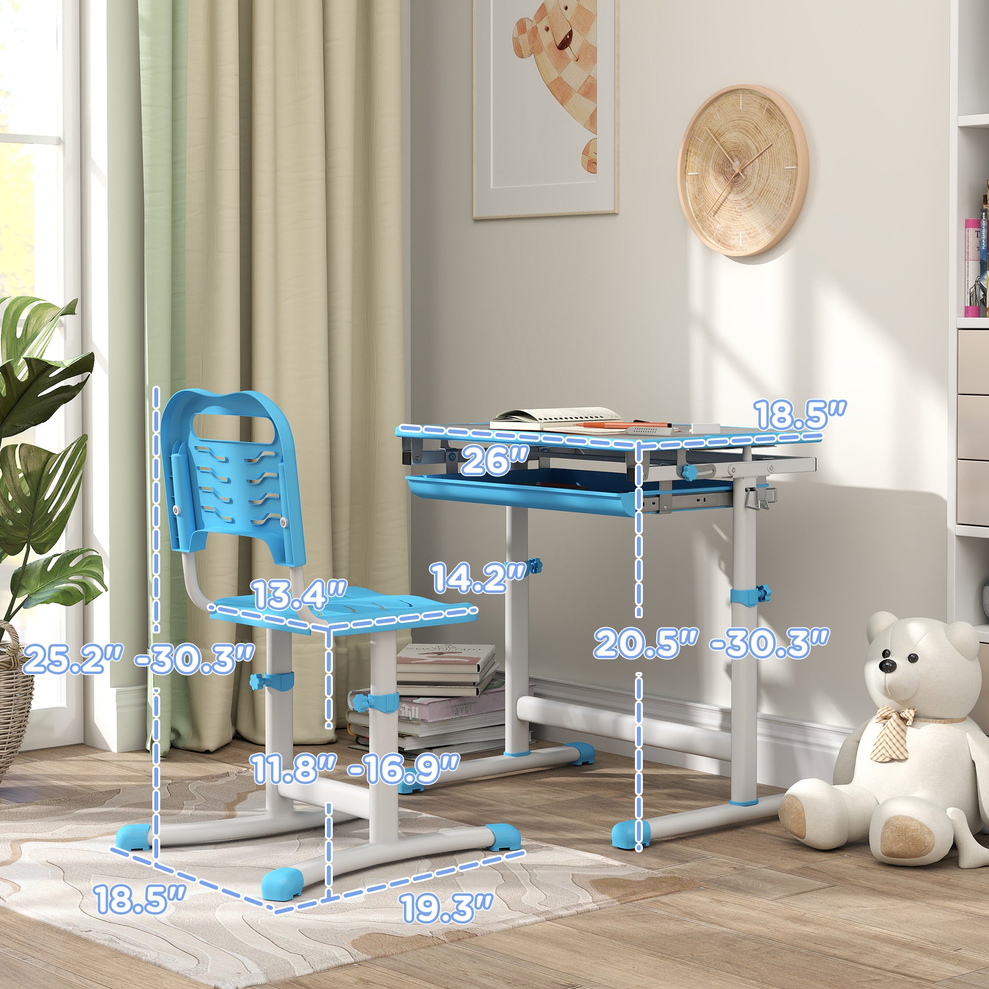 Height Adjustable Kids Desk and Chairs Set with Tilt Desktop, Storage Drawer, Pen Slot, Hook, Blue