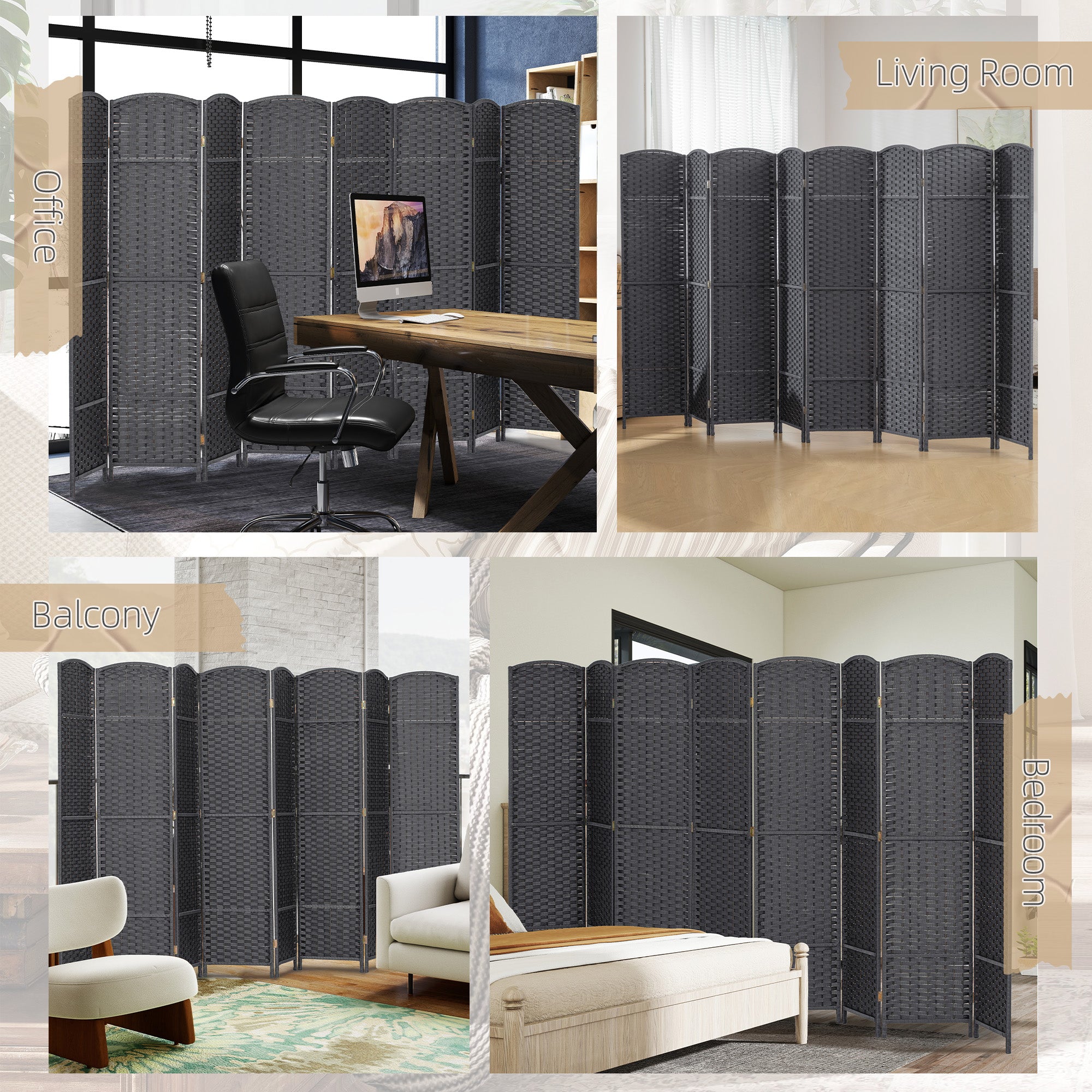 Folding Room Divider Screen 8 Panel 5.6' Tall Privacy Screen Freestanding Room Partition for Home Office, Charcoal Gray