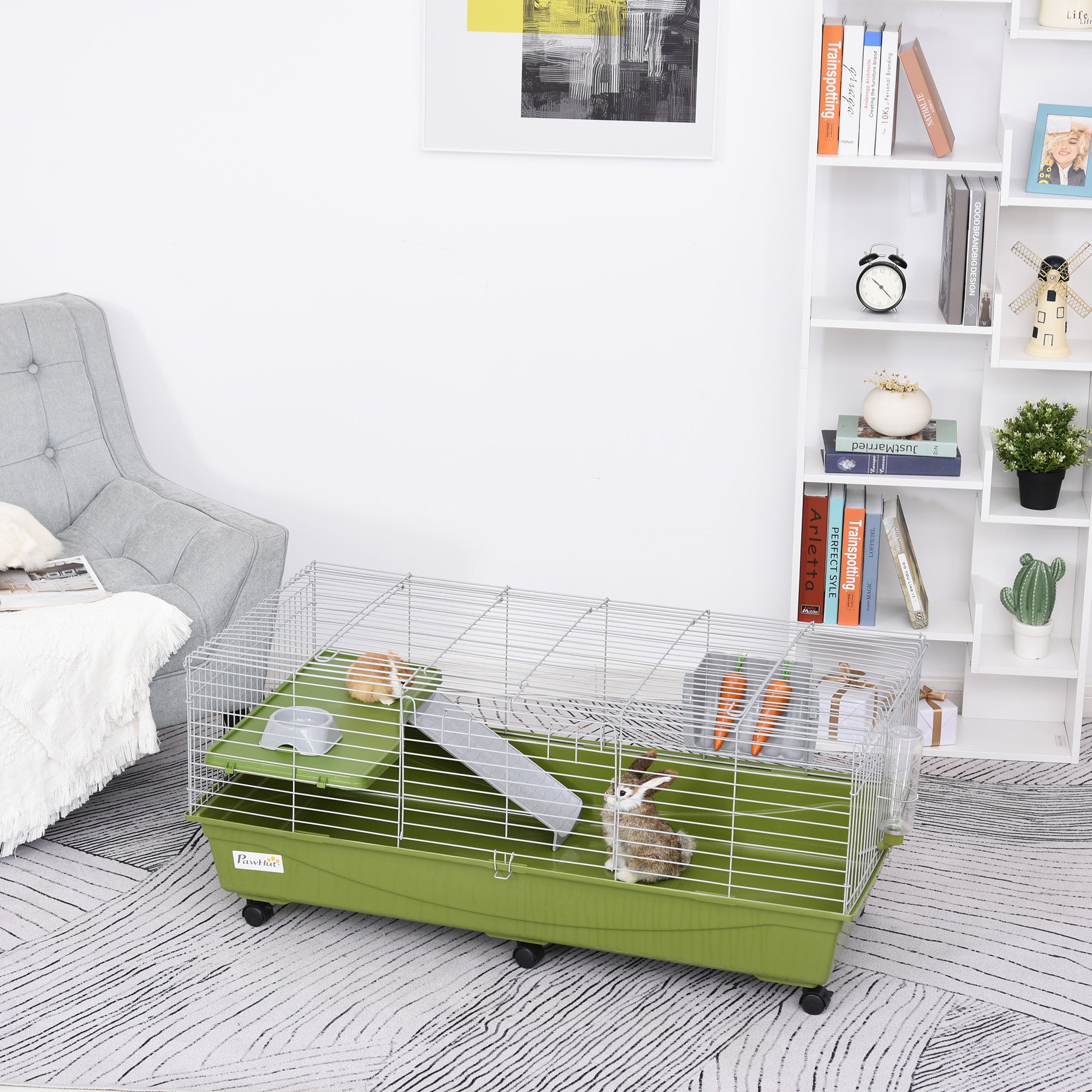 47" Small Animal Cage Chinchilla Guinea Pig Hutch Pet House with Platform Ramp, Food Dish, Wheels, & Water Bottle - Green - Image 2