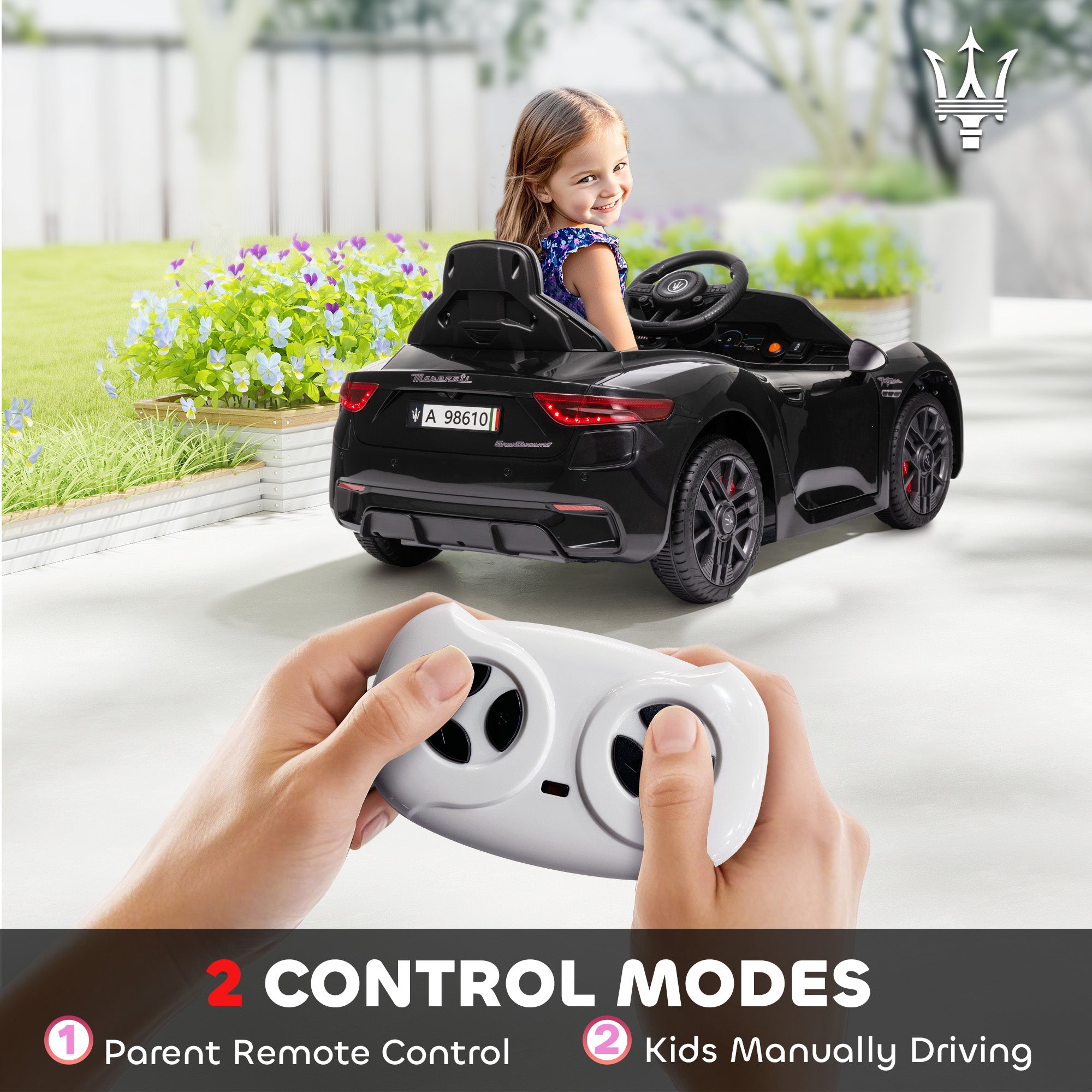 Maserati Gran Turismo Licensed 12V Kids Electric Car w/ Remote Control, Soft Start, LED Lights, Music, Horn, Black