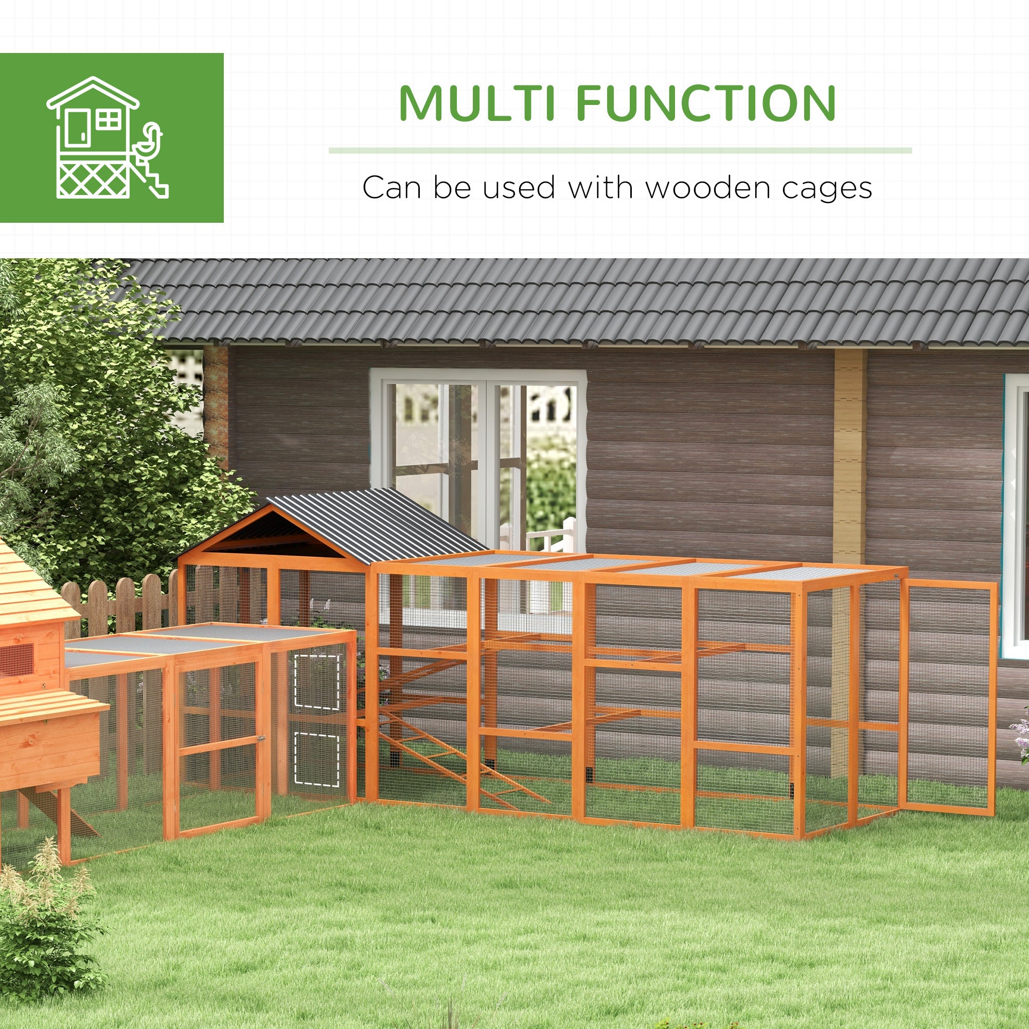 Wooden Chicken Coop Run for 6 - 10 Chickens, Hen House Add-On with Storage, Perches, 141.75" x 48" x 61", Orange - Orange - Image 5