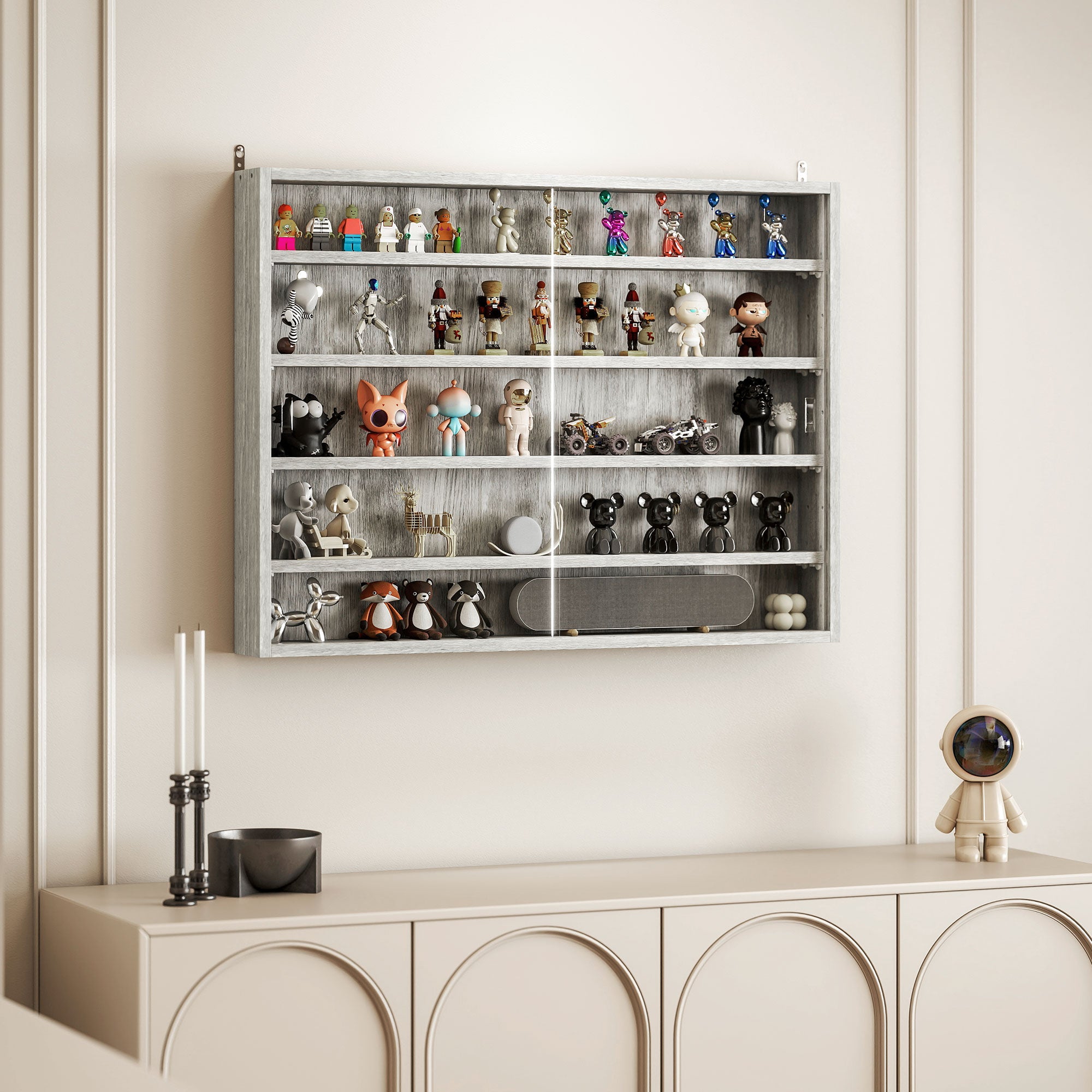 5-Tier Display Cabinet, Wall-Mounted Display Case with 2 Glass Doors and Adjustable Shelves, Gray