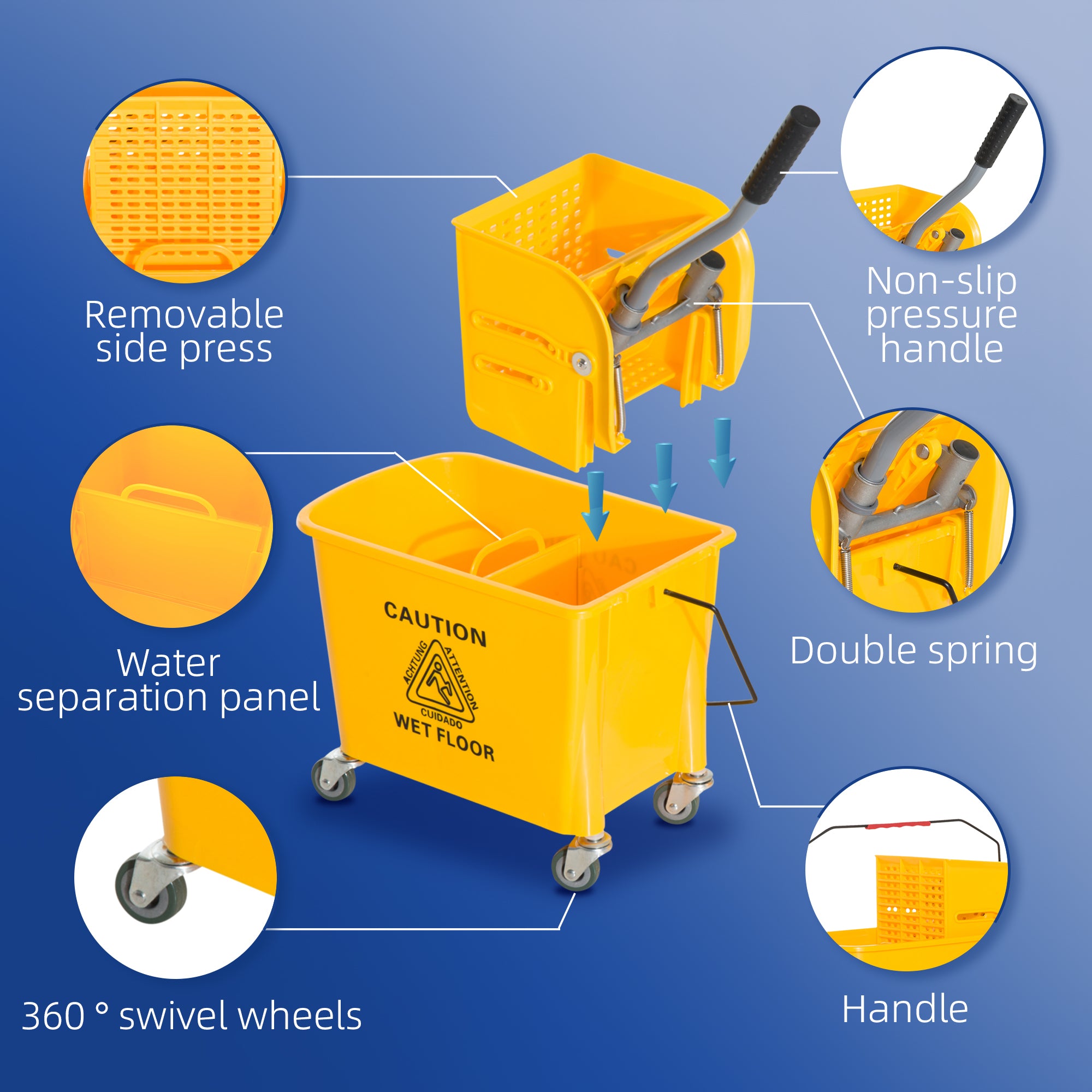 Compact Mop Bucket with Wringer, Mop Bucket on Wheels, 21 Quart, Separate Dirty and Clean Water, Yellow
