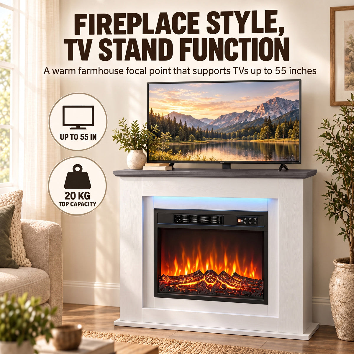 40" Electric Fireplace with Mantel, LED Strip, Fireplace TV Stand for 55" TVs, Adjustable Flame, White