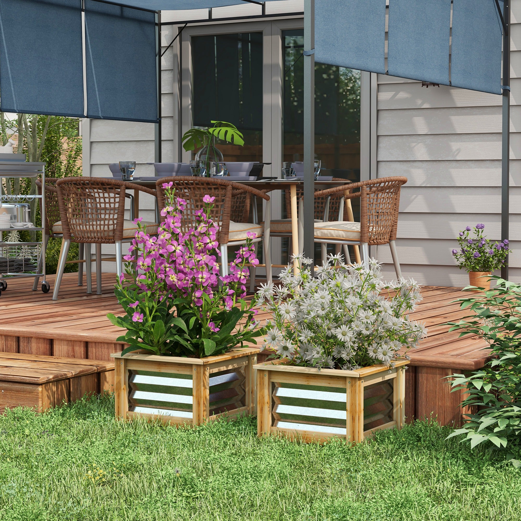 Raised Garden Beds Set of 2, Metal and Wood Combined Planter Box, for Growing Flowers, Herbs and Vegetables - Natural, Silver - Image 2