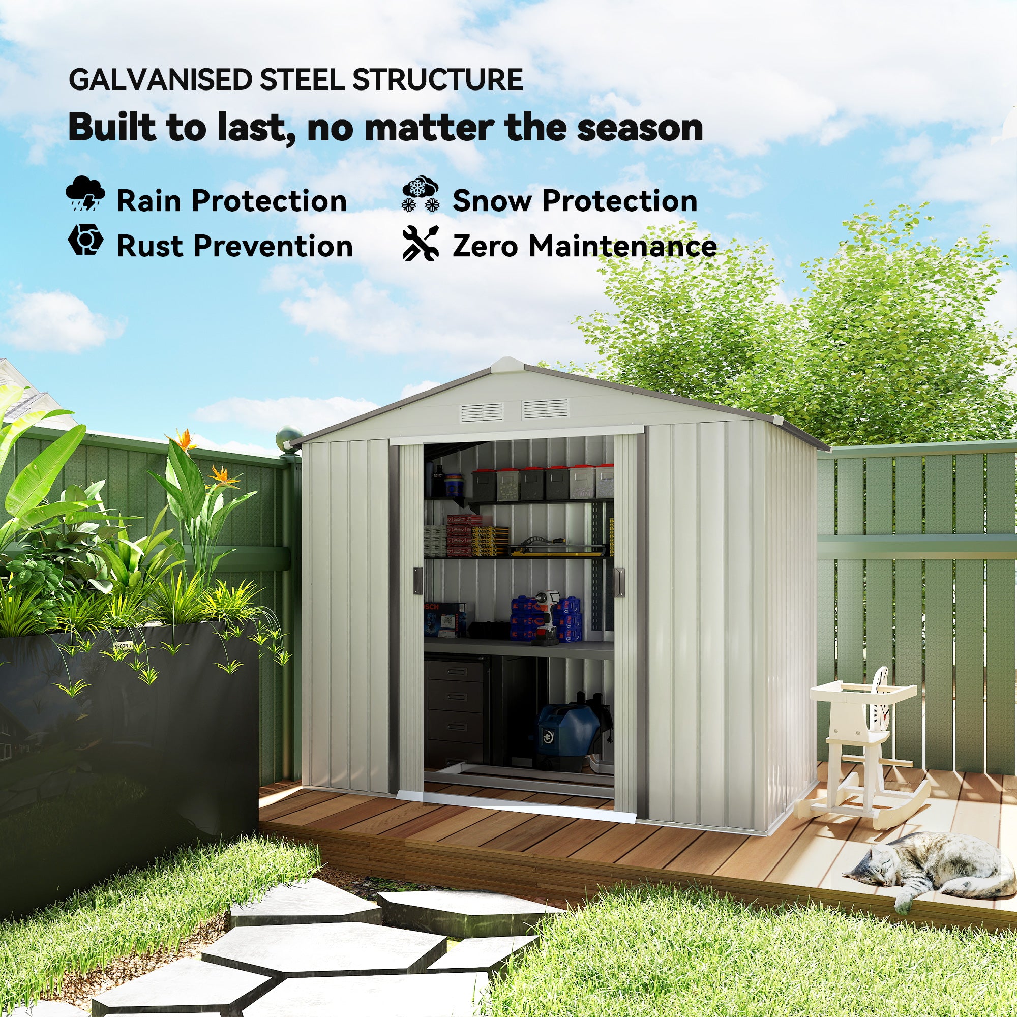 7x4 Garden Shed, Storage Shed with 4 Vents & 2 Sliding Doors, Garden Tool House for Backyard, Patio, Garage, Lawn,White - White - Image 4