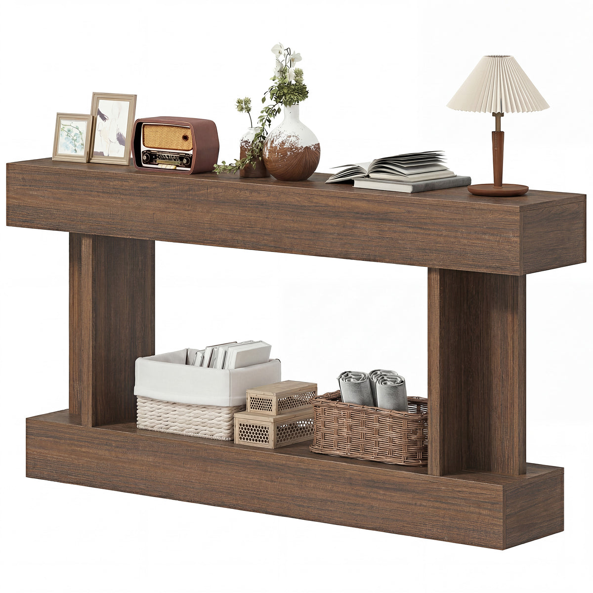 63 Inch Long Console Table, Vintage Narrow Entryway Table with Storage Shelf for Living Room and Hallway, Brown