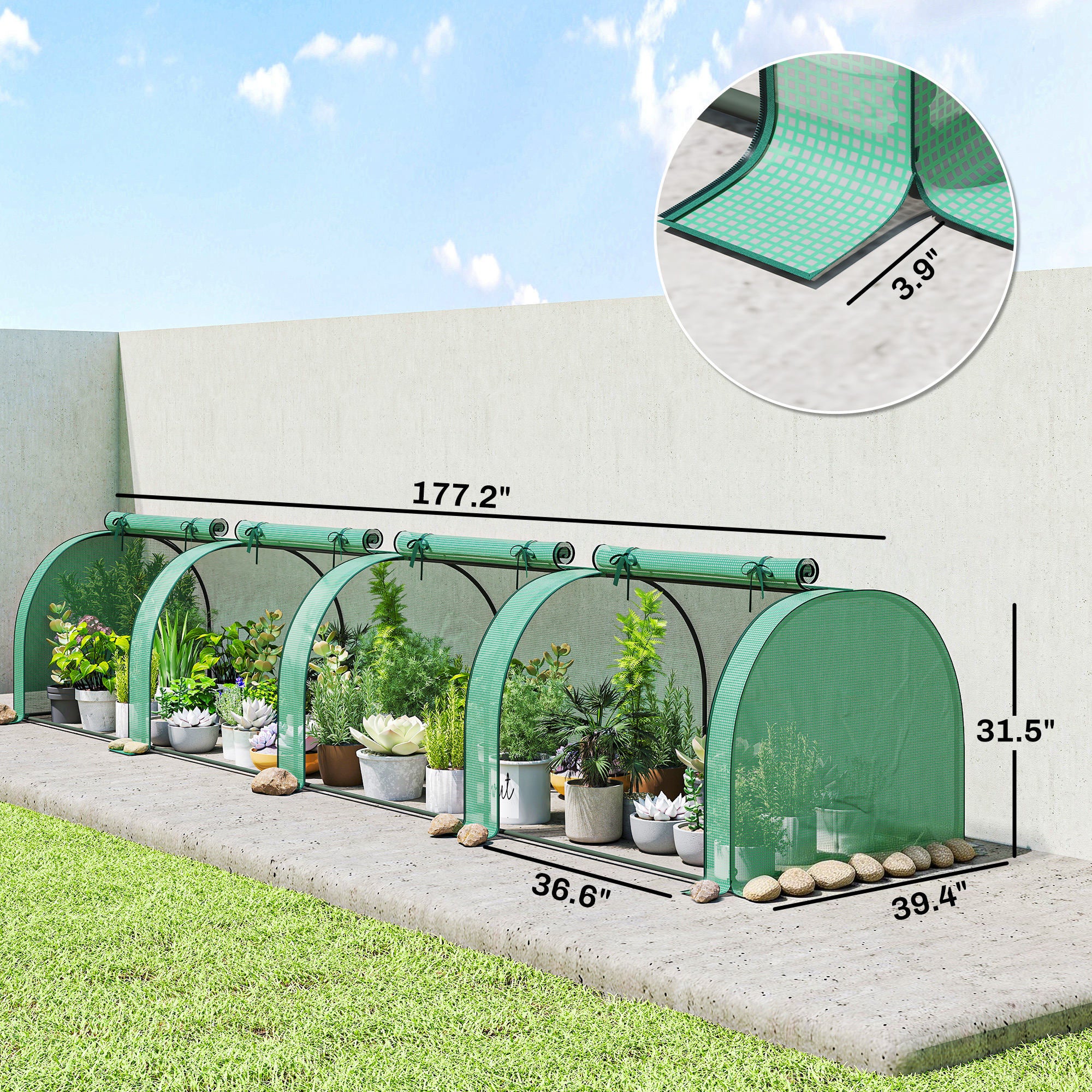 Mini Greenhouse, Portable Greenhouse with 4 Roll-Up Doors, PE Cover, 177.2" x 39.4" x 31.5", Green - Green - Image 3