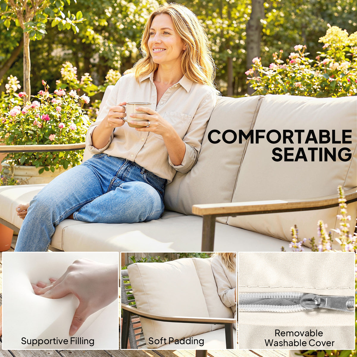 3 Seater Outdoor Patio Sofa, Outdoor Couch with Wood-Effect Armrests, Wicker Backrest, Cushions for Garden Yard, Khaki
