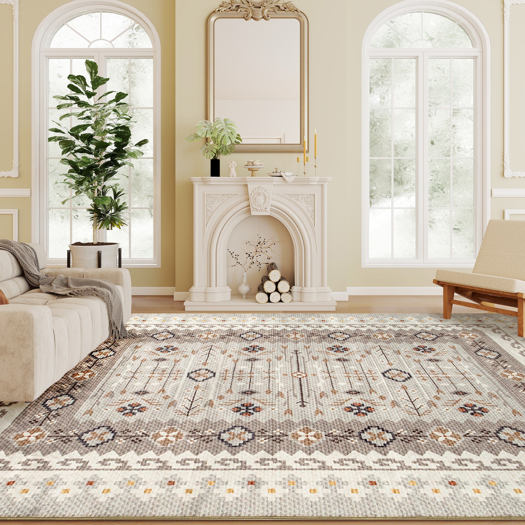Machine Washable Area Rug 8x10, Non-Slip Boho Flannel Print Floor Carpet for Living Room, Bedroom, Dining Room, Brown