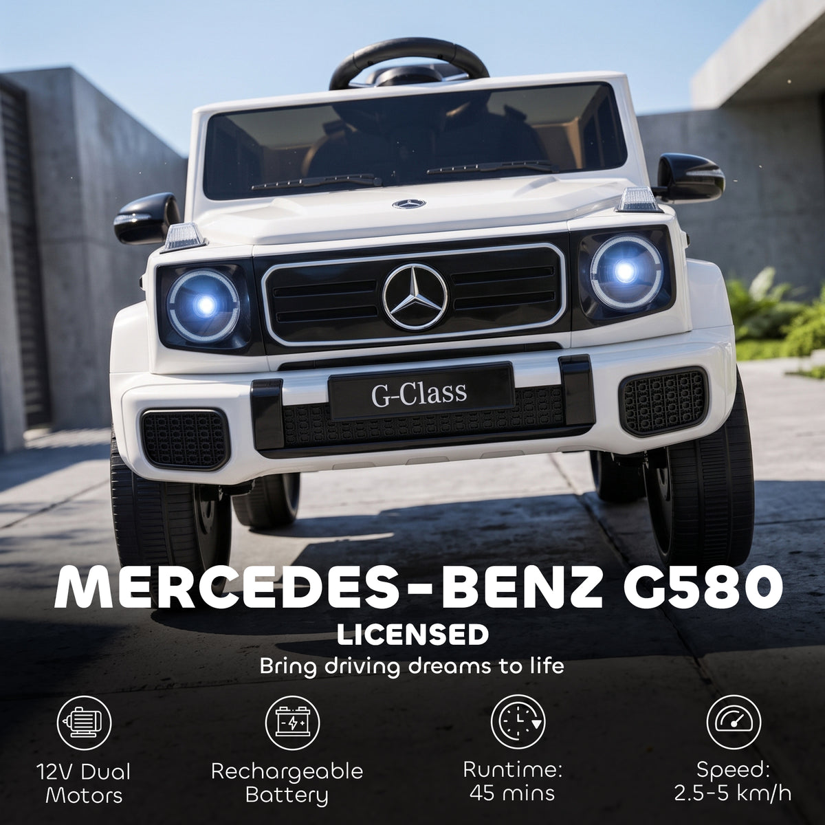 Licensed Mercedes-Benz G580 12V Kids Ride On Car with Remote, Soft Start, Headlights, Seat Belt, Music, USB, Horn, White
