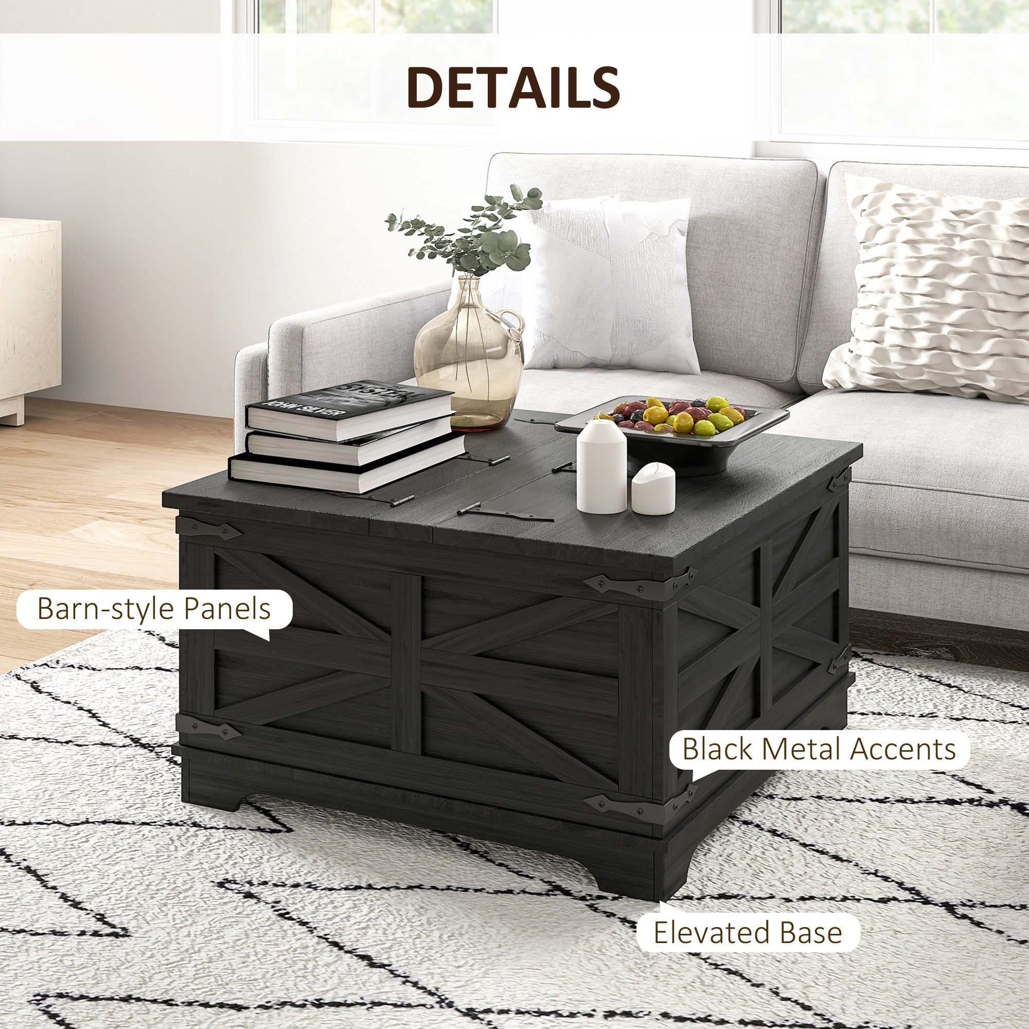 Farmhouse Coffee Table, Square Center Table with Flip-top Lids, Hidden Storage Compartment, Distressed Black