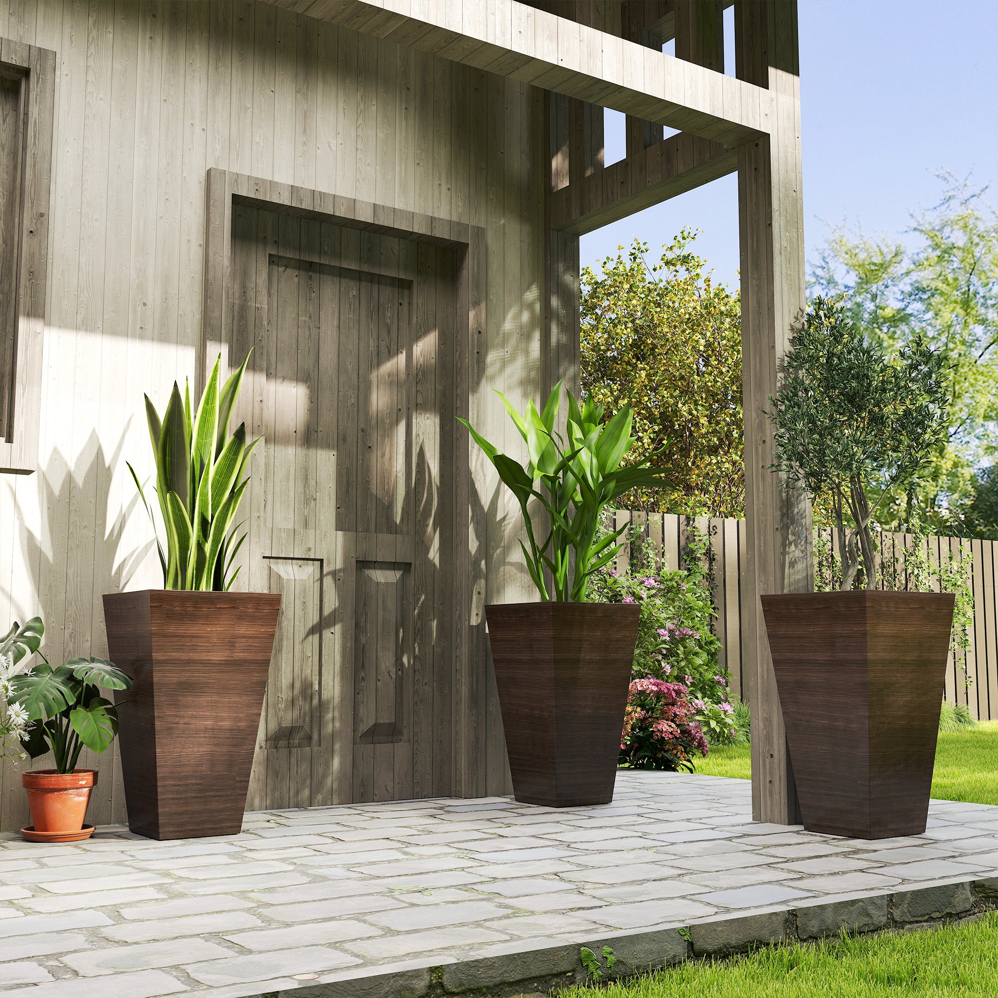 Set of 3 Tall Planters, 28" Outdoor Planter w/ Drainage Holes, Faux Wood Plastic Flower Pots, Brown - Brown - Image 2