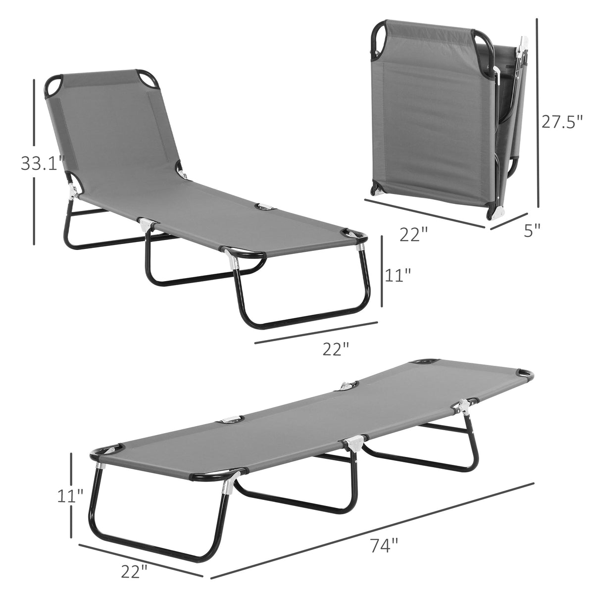 2 Pieces Pool Chaise Lounge Chairs, Folding Lounge Chairs with 5-Level Reclining Back, Steel Frame, Dark Gray