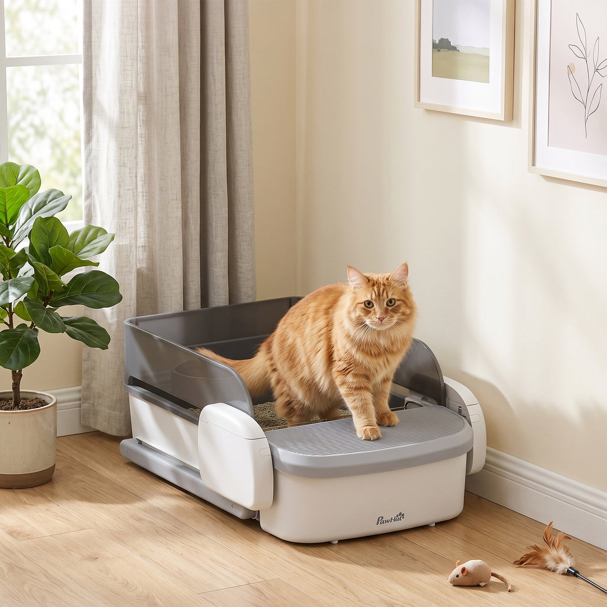 Self Cleaning Cat Litter Box, Automatic Litter Box with App Control, Open-Top, 10L Waste Bin, Gray