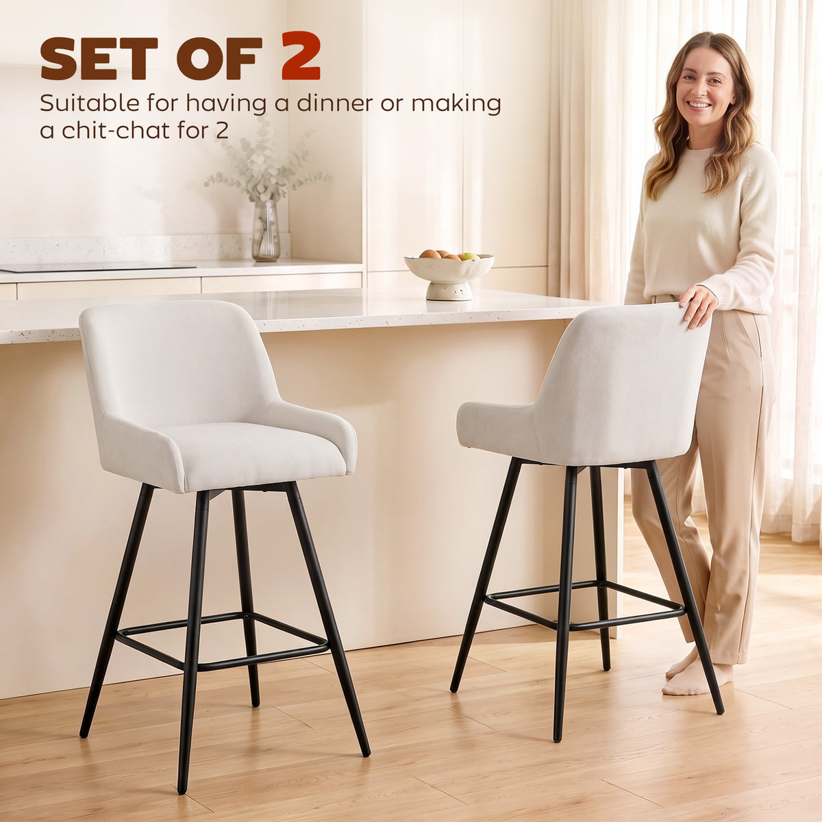 Kitchen Island Chairs Counter Height Bar Stools with Swivel Linen Seat and Footrest, Cream White