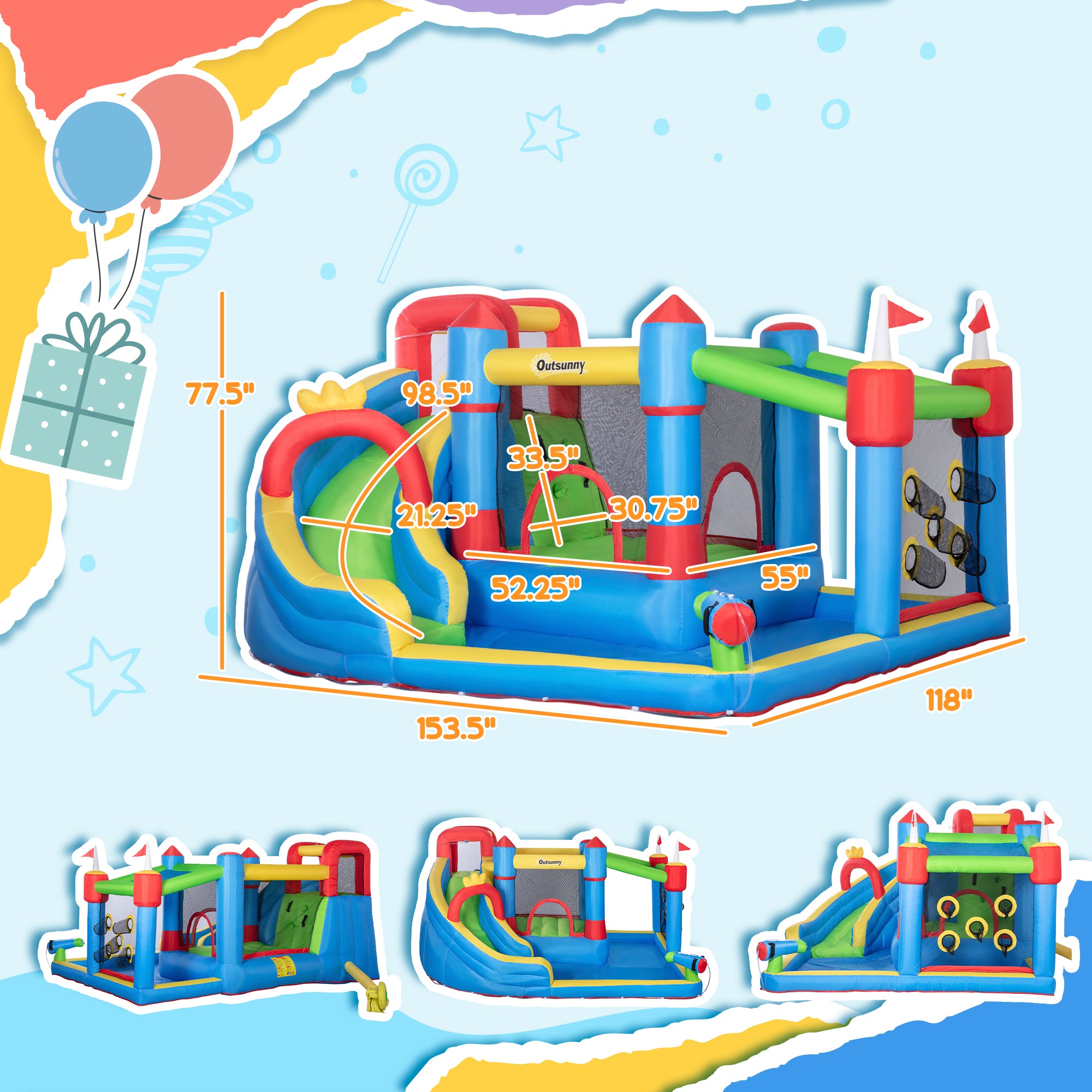 6-in-1 Inflatable Water Slide with Splash Pool, Slide, Climbing Wall, Water Cannon, Inflatable Bounce House for Kids with 2 Min. Inflation