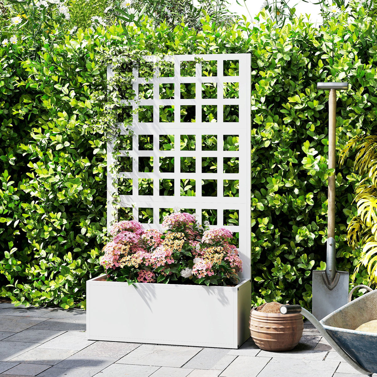 Galvanized Raised Garden Bed Planter Box with Trellis for Climbing Plants, Vegetable, Vines, 24" x 9" x 44.5", White