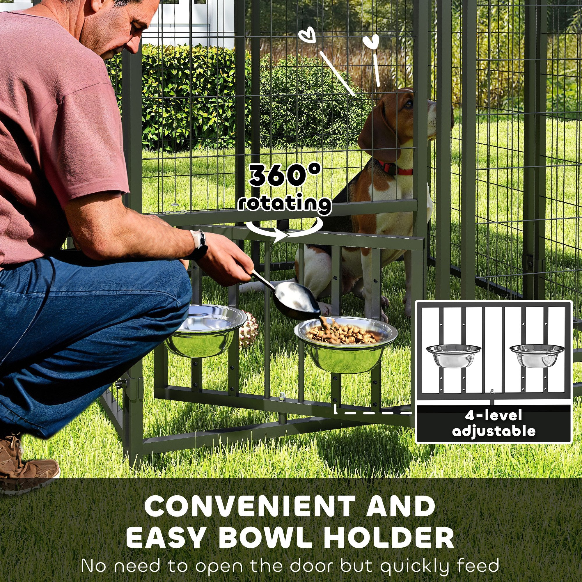 Welded Wire Outdoor Dog Kennel with 360° Rotating & 4 Levels Adjustable Bowls, Waterproof Cover, 3.9' x 3.9' x 6' - Silver - Image 6