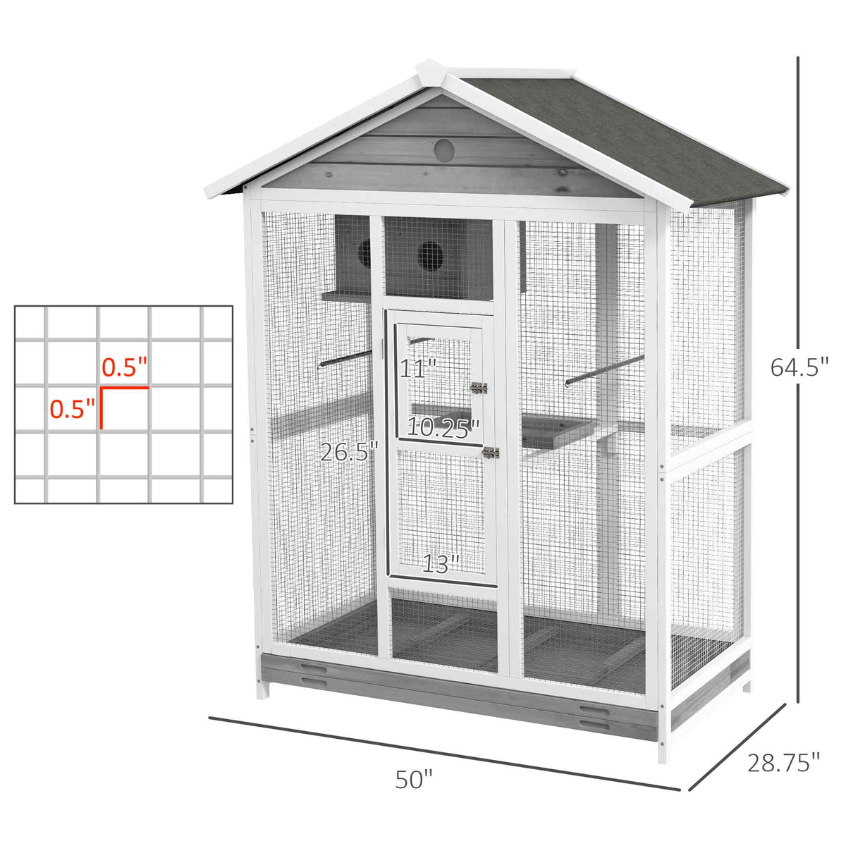 64.5" Wooden Bird Cage Aviary, Flight Cage with 4 Perches, Nest and Slide-Out Tray for Indoor/Outdoor, Gray - Gray - Image 3